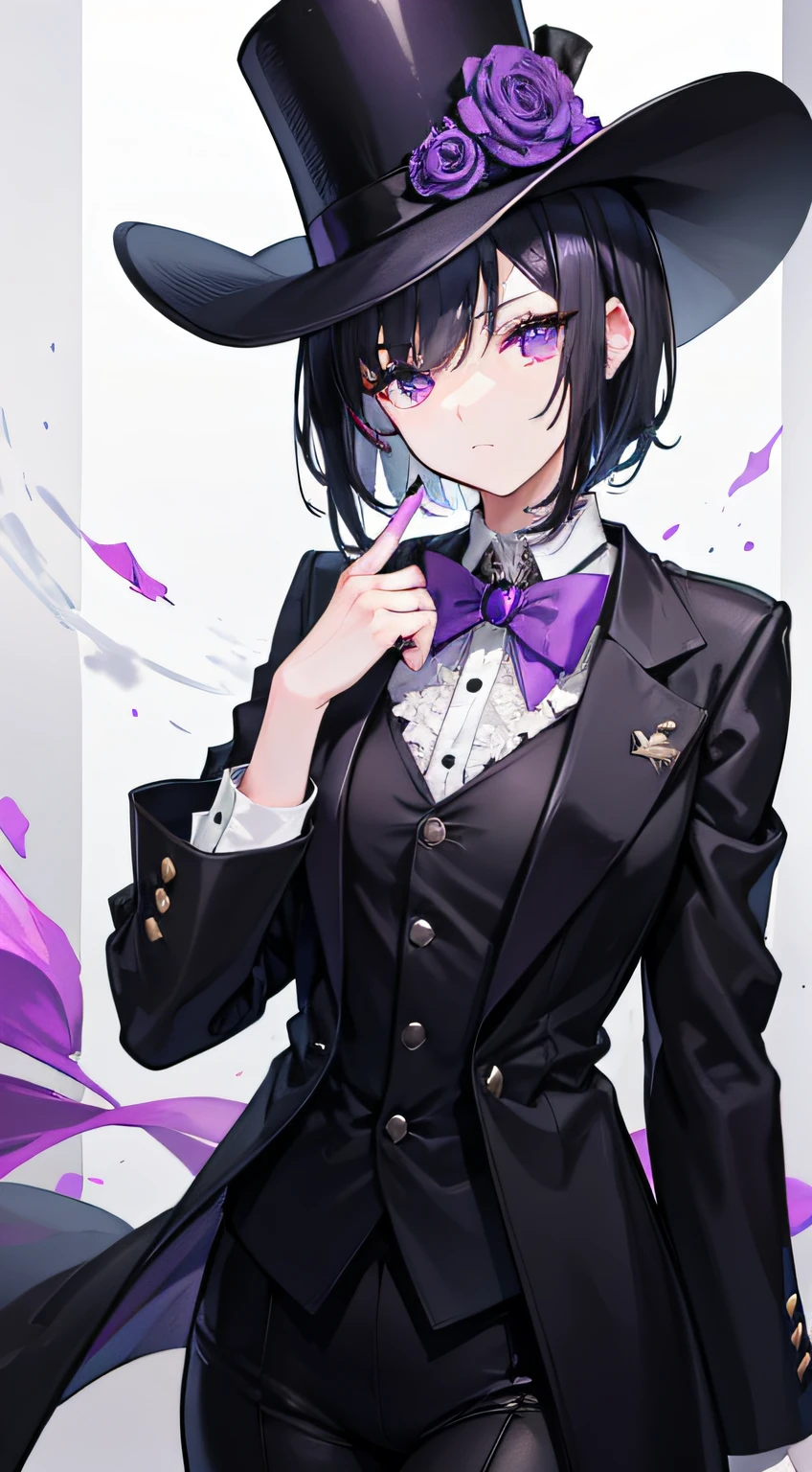 A teenage girl，Black hair，Purple eye，short detailed hair，Curved hair，evening formal robes，Top hat，Hand-held folding knife，Perfume bottle in hand，