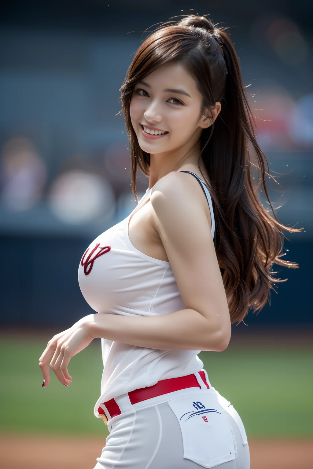 (Best Quality, 8K, 32K, masutepiece, nffsw:1.2), (1 slender woman of Japan, 28 years old, Tall gravure model), dark brown hair, Bright foreground, Professional Lighting, Photon mapping, Radio City, shading:1.3, (high-detail skin:1.2), ((Huge breasts:1.3)), (Shorts, exposed shoulder:1.1), randome pose, ((Provocative Dynamic Poses)), (she is soaking wet), top-down view:1.5, (baseball uniform:1.1), hyperdetailed face, Detailed lips, Detailed eyes, Double eyelids, Inside the stadium, Looking Camera, (Sensual gaze on the photographer, lips slightly open), Breaking the clear sky, Baseball Stadium, The audience gets excited, Confetti flies, Happy smile,