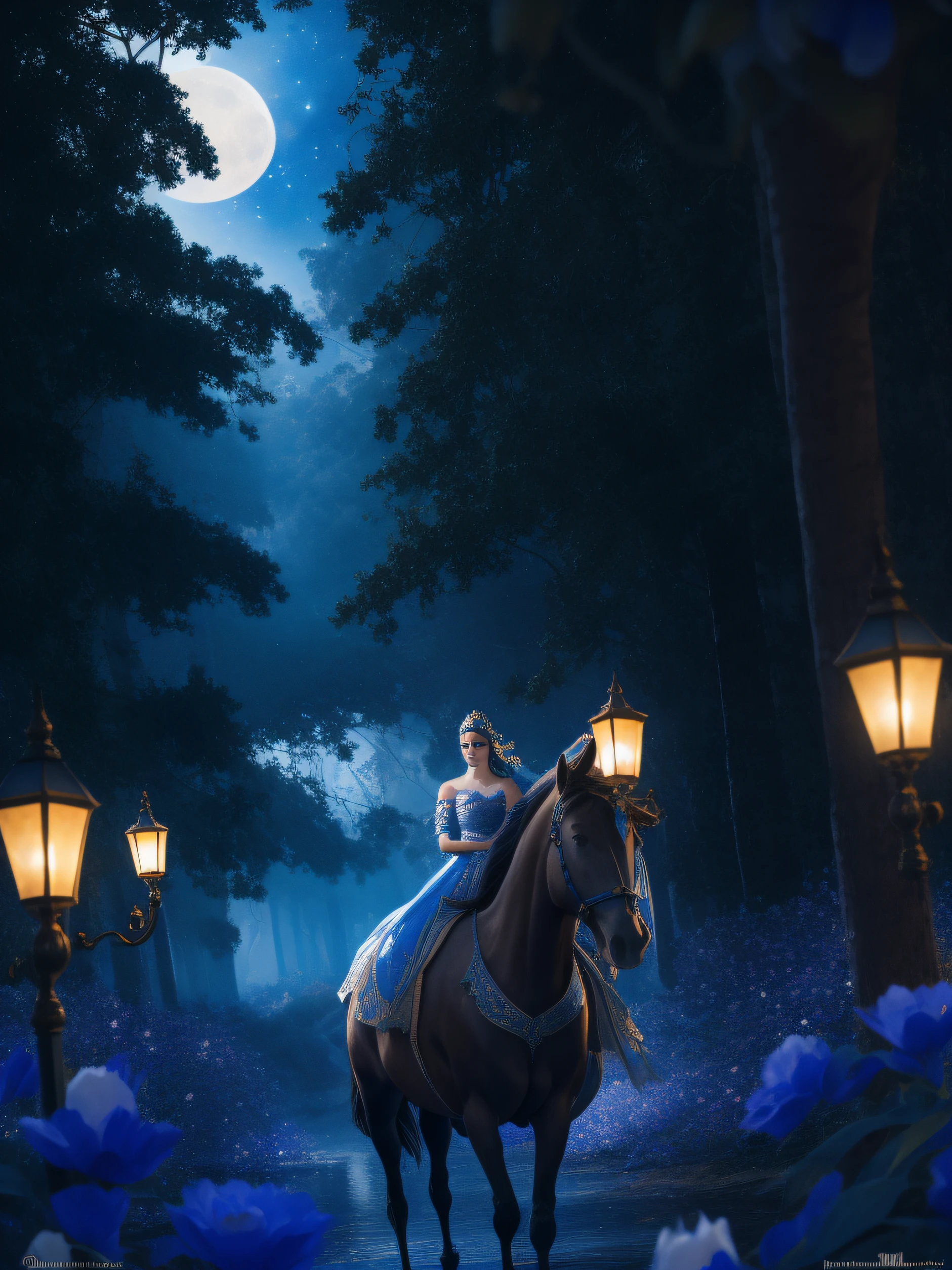 (Aquarela) (melhor qualidade) (Detailed description) Na imagem faz um fundo noite estrelado com uma lua grande nos tons mais azul, with a porcelain style woman with a horse-headed man and in the background places an enchanted forest illuminated with fairies.