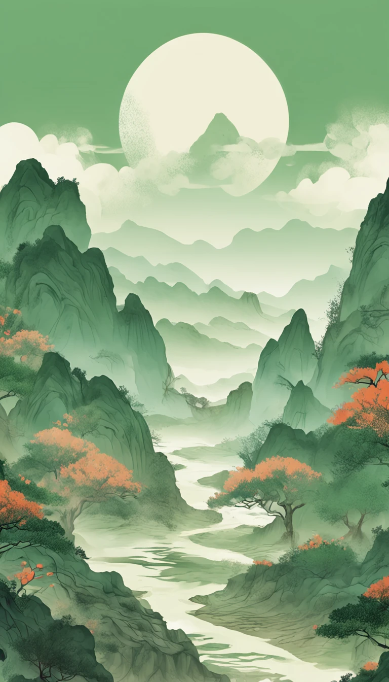 A man in Hanfu stands in flowing landscape Flowing landscape Flowing landscape Song dynasty fine brushstroke landscape painting rendered in cinema 4D Organic flow forms Gothic landforms and landforms Light green and white Mediterranean landscape Fluid formation