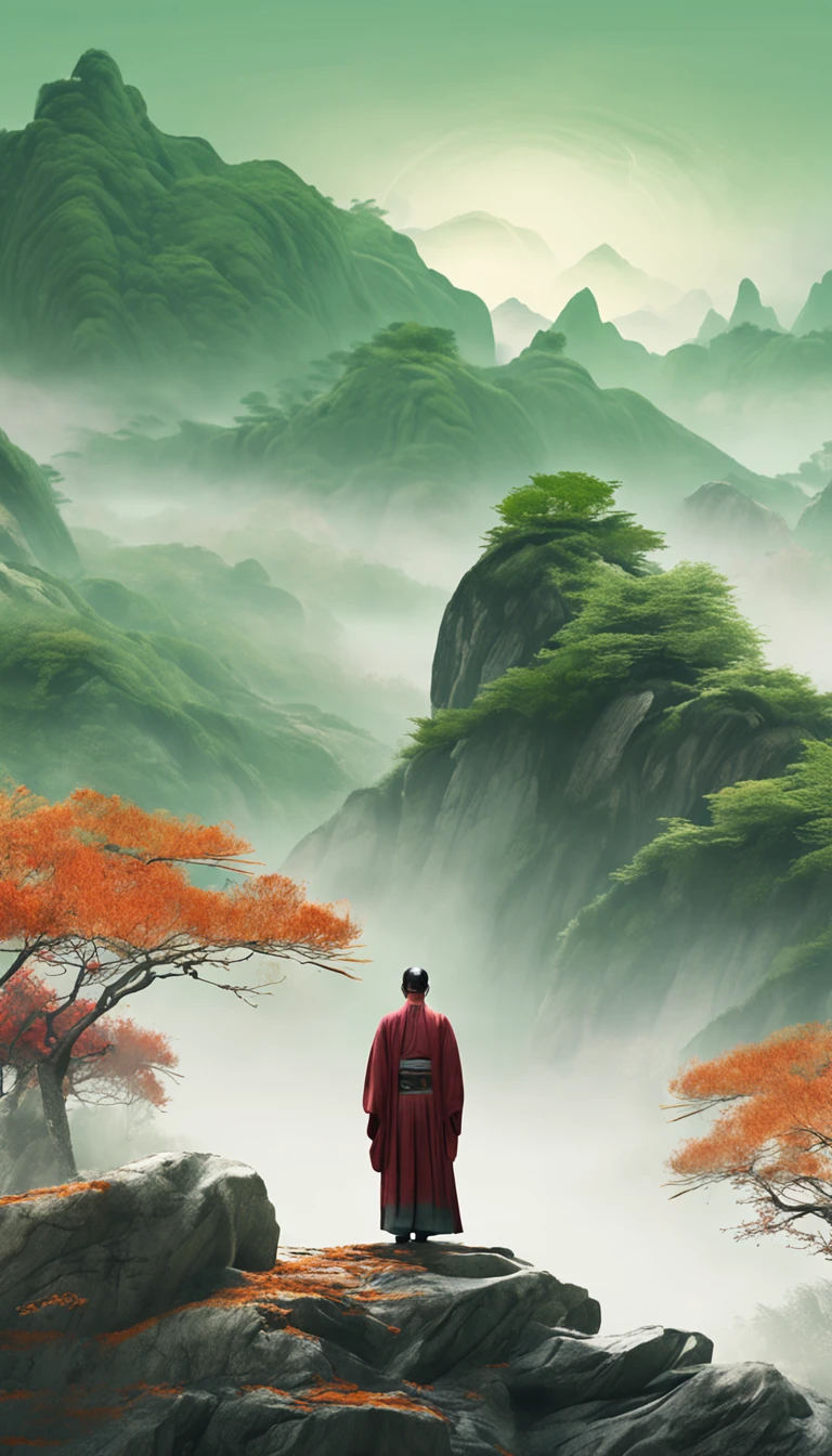 A man in Hanfu stands in flowing landscape Flowing landscape Flowing landscape Song dynasty fine brushstroke landscape painting rendered in cinema 4D Organic flow forms Gothic landforms and landforms Light green and white Mediterranean landscape Fluid formation