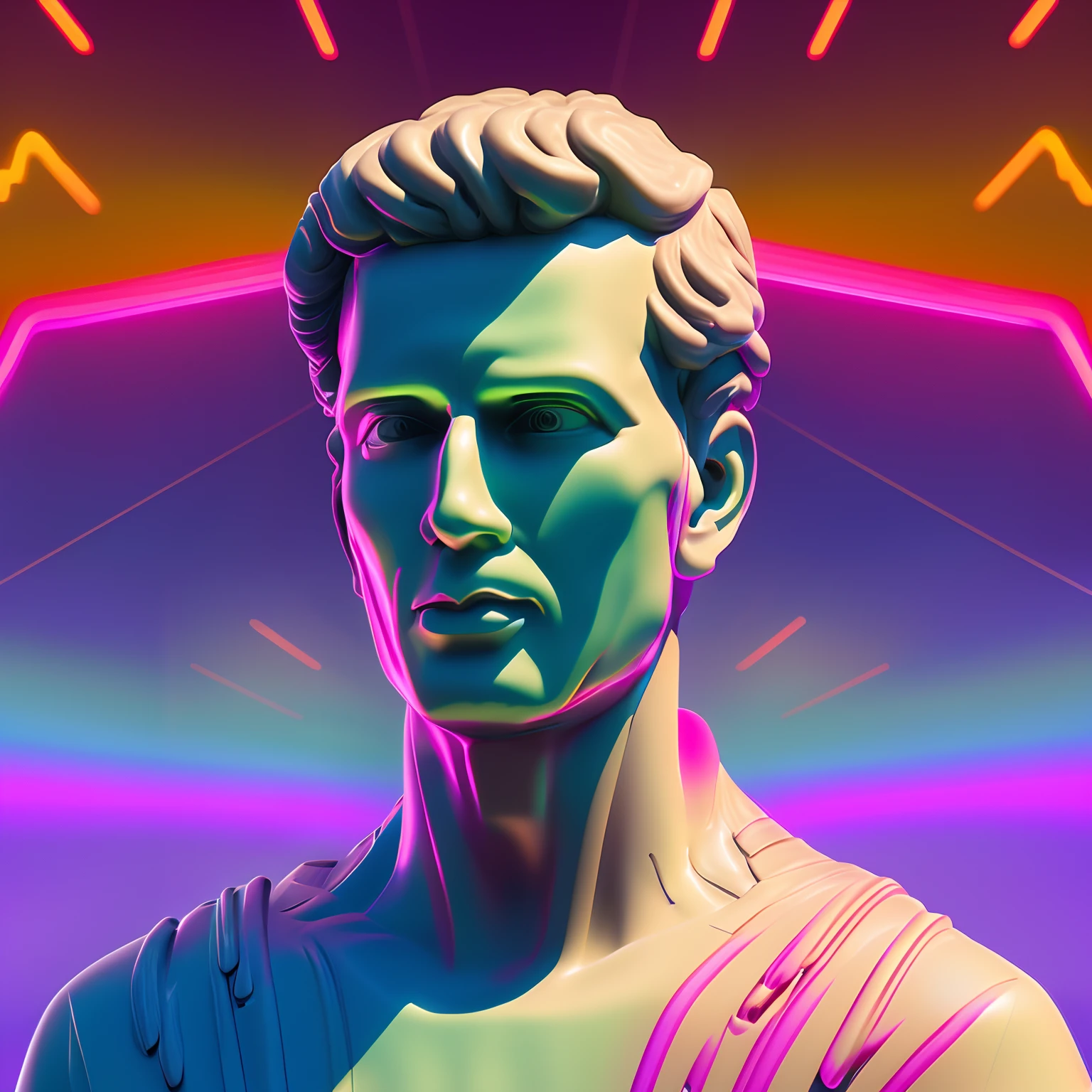 close-up of a statue with lines sticking out of it, por Mike Winkelmann, holografia, vaporwave!, octan render, deus grego, neon romano, Stoic attitude