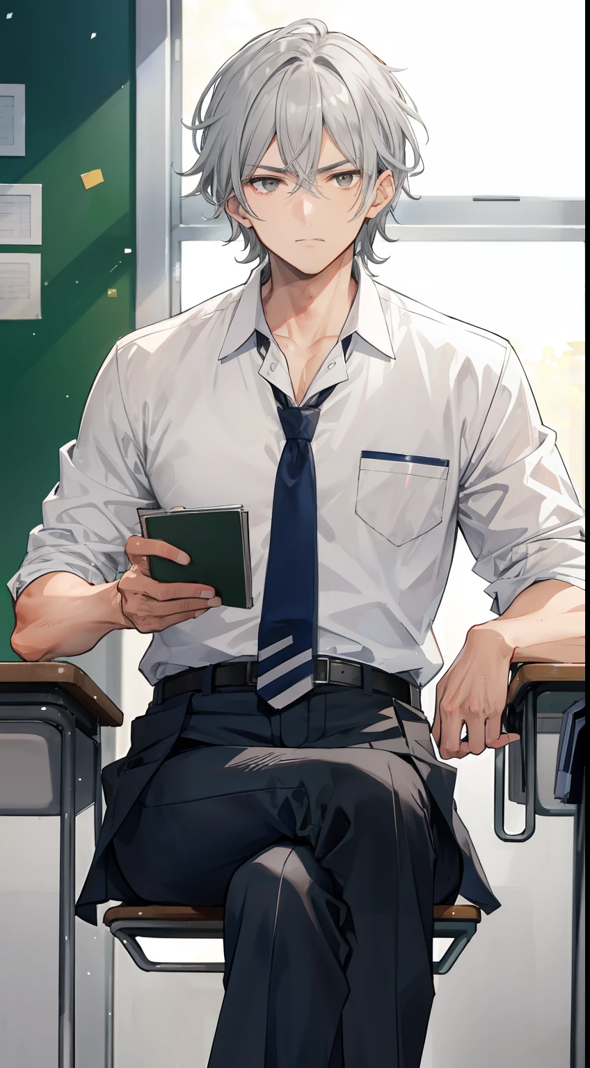 A man, gray hair and gray eyes, wearing a highschool clothes, sitting in the classroom, gentle, badass, mascular