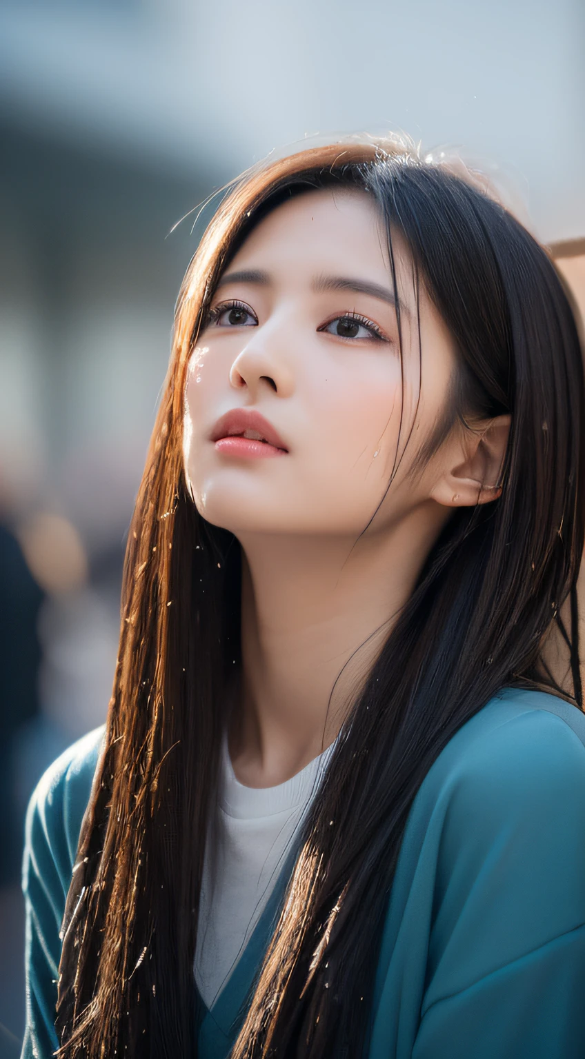 ((best qualtiy, 8K, tmasterpiece:1.3)), Sharp:1.2, perfect figure beautiful woman:1.4, Slim abs:1.2, ((Layered Hair Style, :1.2)), (Good girl outfit:1.1),(streetview:1.2),Get wet:1.5,Highly detailed facial and skin texture,A detailed eye,二重まぶた,looking up the lens,
