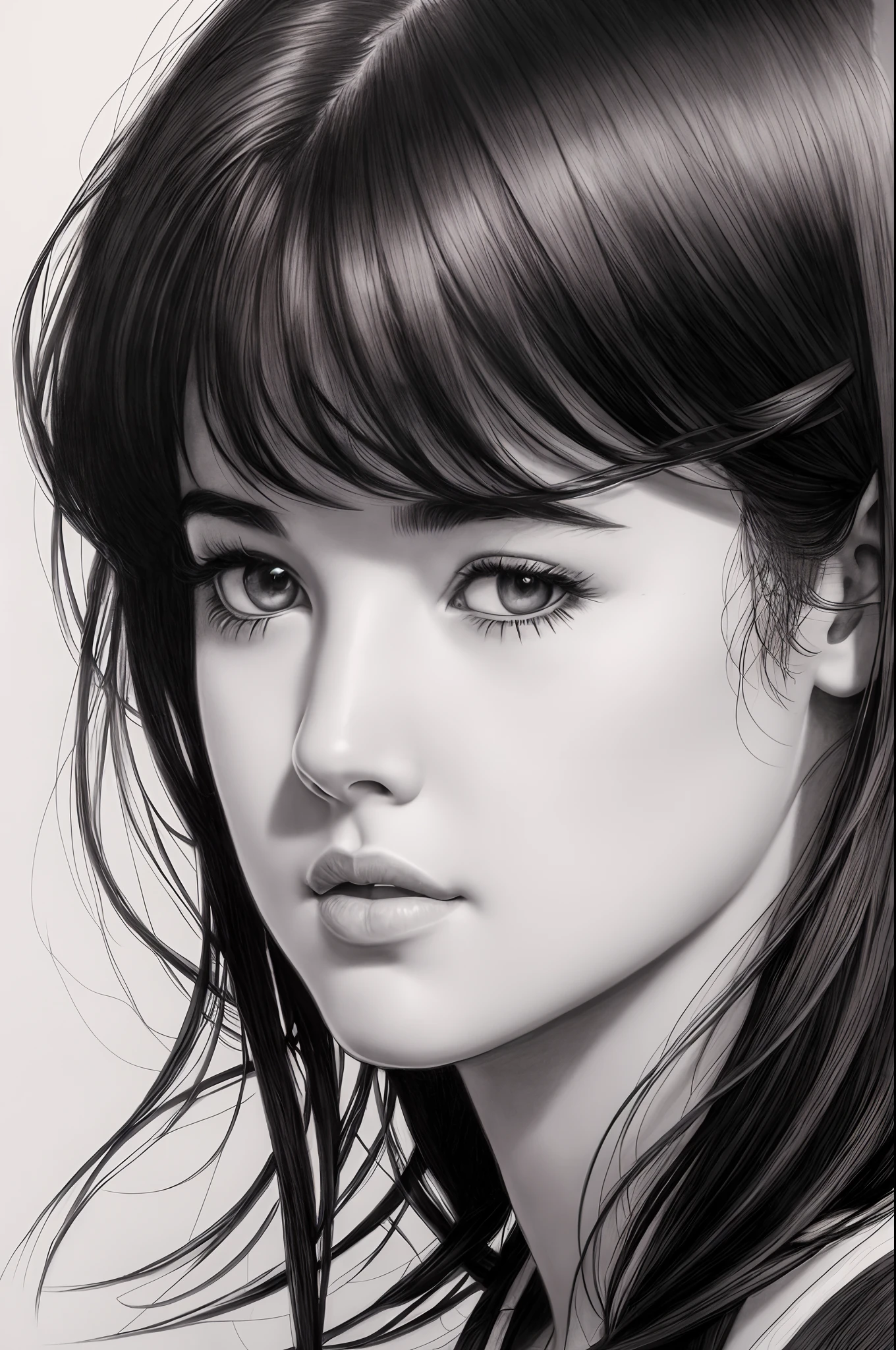 young Phoebe Cates , intricate pencil sketch, expressive eyes, nose and mouth, Un-Zoom, jim lee (jim lee) Right, In the center of the profile, - This is a key visual complex, With high detail, Breathtaking, Accurate lineart, Striking panoramic cinematography