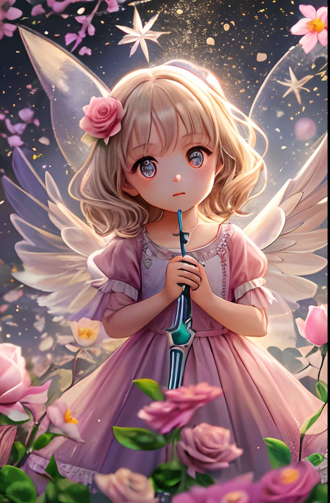 A *********** with transparent wings，Holding a wand among the flowers，surrounded by colorful flowers，Gentle and transparent，anatomy correct, Delicate pattern，Pink rose space, Soft lighting, ( Bokeh)，Masterpiece, Super detailed, Epic composition, Highest quality, 8K，