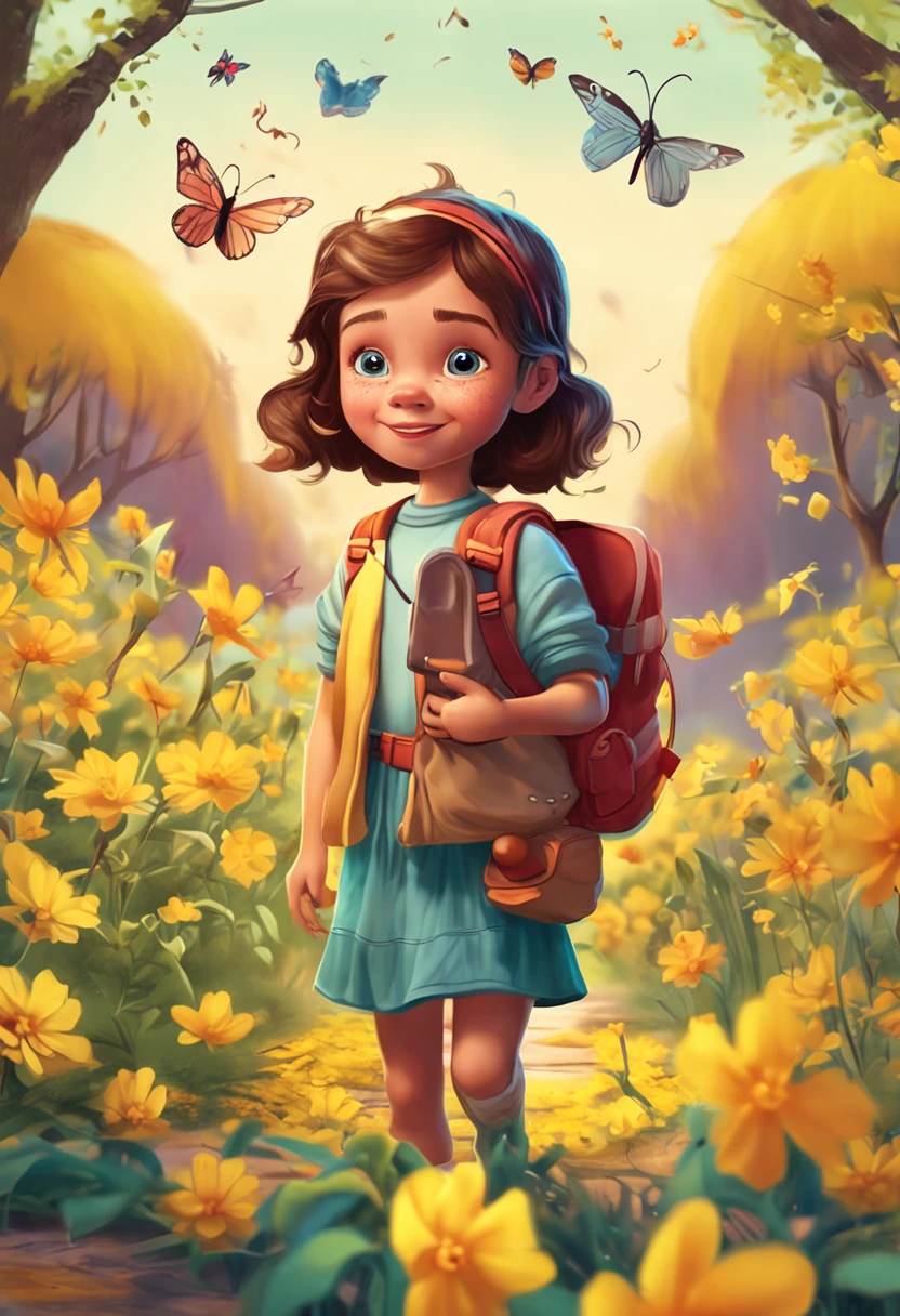 A charming little girl with a backpack is enjoying a cute spring outing surrounded by beautiful yellow flowers and nature with her cute puppy. The illustration is a high-definition illustration in 4k resolution with highly detailed facial features and cartoon-style visuals, (Butterfly Dance)