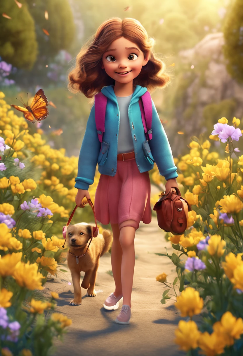 A charming  girl with a backpack is enjoying a cute spring outing surrounded by beautiful yellow flowers and nature with her cute puppy. The illustration is a high-definition illustration in 4k resolution with highly detailed facial features and cartoon-style visuals, (Butterfly Dance)