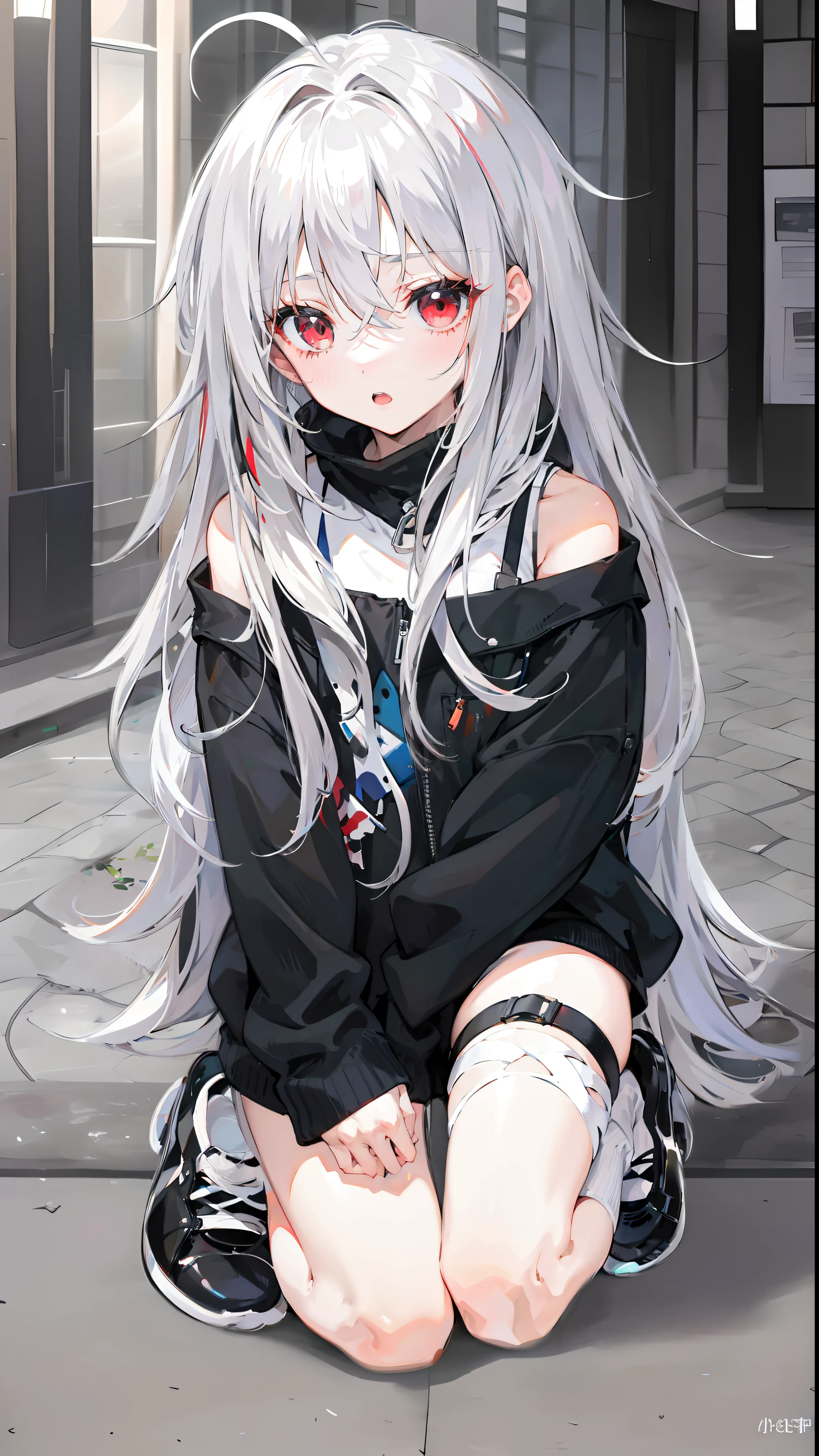 s girl,adolable,whaite hair,red - eyed,messy hair,Dull hair,big white legs,Inverted V-shaped mouth