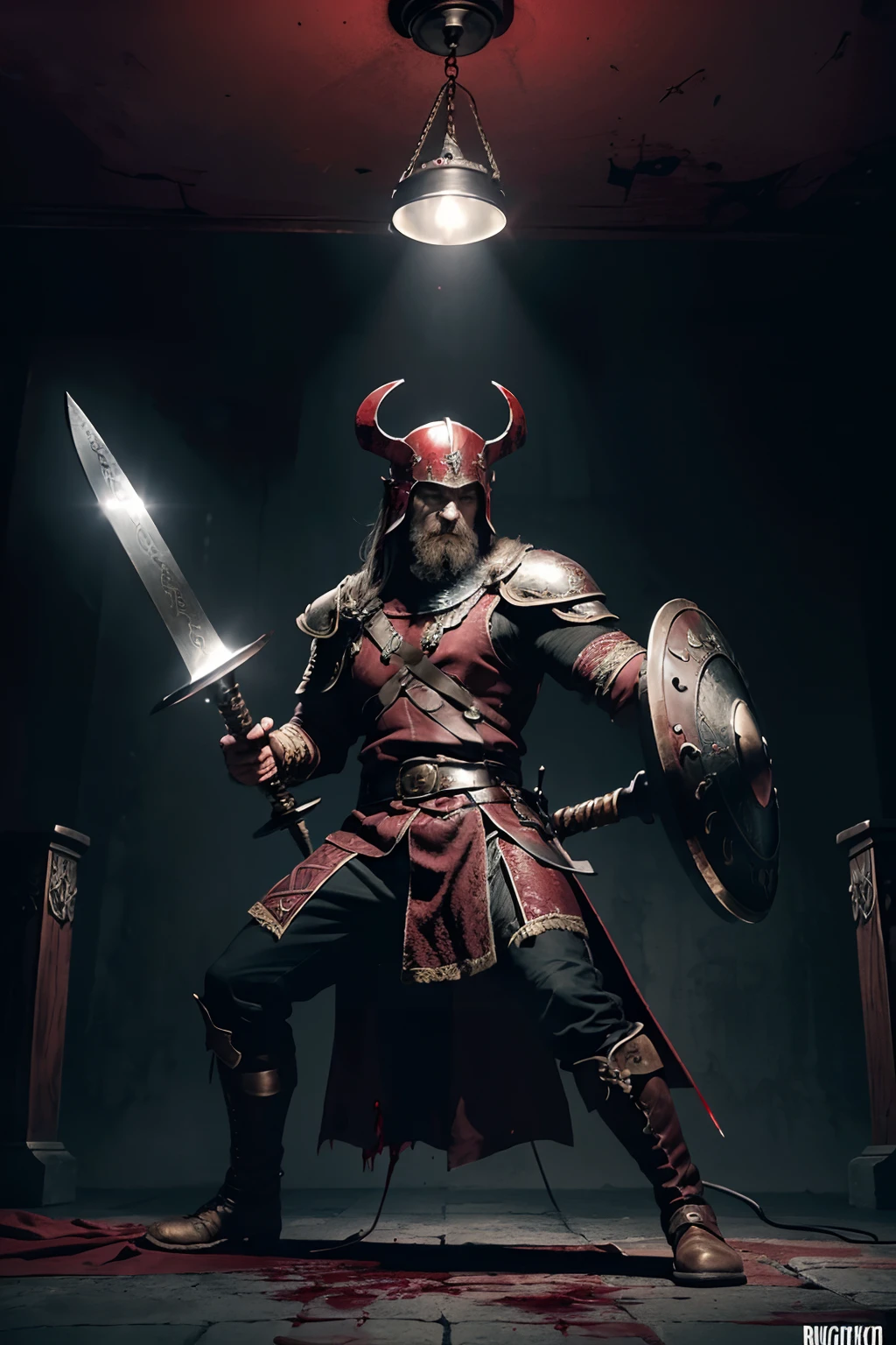 dark fantasy, 2d game maker art, full body shot, acrobatic pose, 1 male is viking, red shining eyes, madness and madness atmosphere, viking helm, (holding blood sword:1.3), (holding a round shield:1.2), muscle, leather armor and boot, emits a red and black aura, dungeon broken interior background, rich colors and dark palette, add light painting coloring, intricate detail texture, intricate detailed, tonal contrast, toon rendering, super fine illustration, ultra quality, best quality, high quality, insanely detailed, 16k, extremely detailed, ceiling lamp lighting,