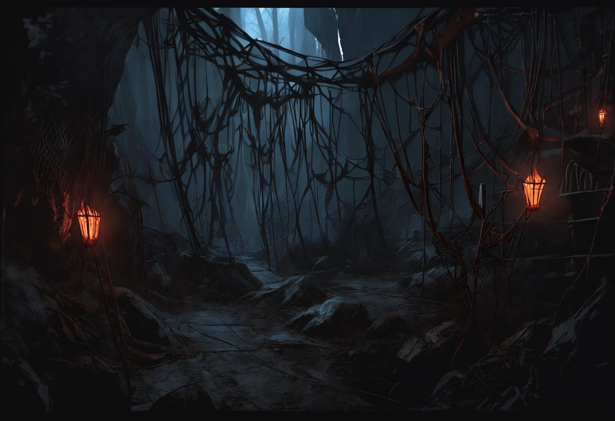 nighttime, torchlight, giant webs, walkways made of web, darkness below the walkways, spiders, spider eggs, creepy, dark, webways, underdark, painted as a game concept art, environment concept art, environment and concept art, painterly concept art,