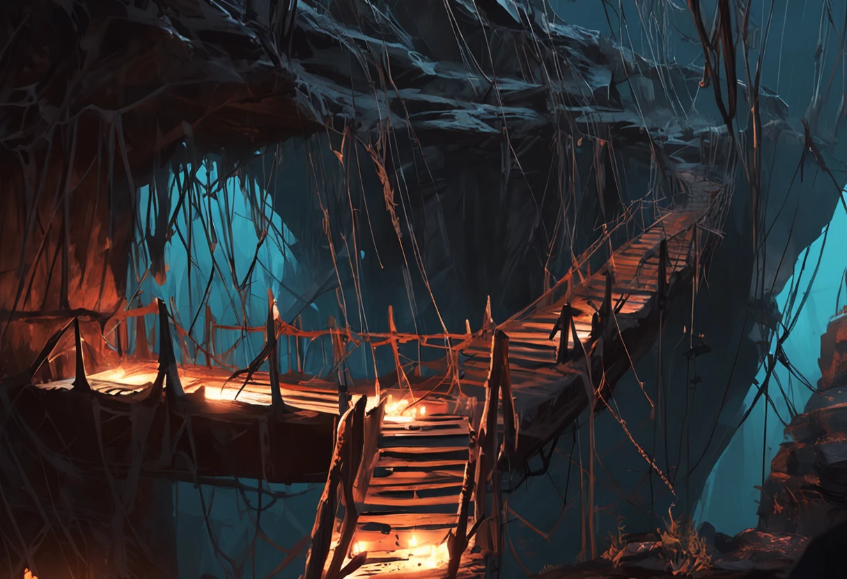 nighttime, torchlight, giant webs, walkways made of web, darkness below the walkways, spiders, spider eggs, creepy, dark, webways, underdark, painted as a game concept art, environment concept art, environment and concept art, painterly concept art,
