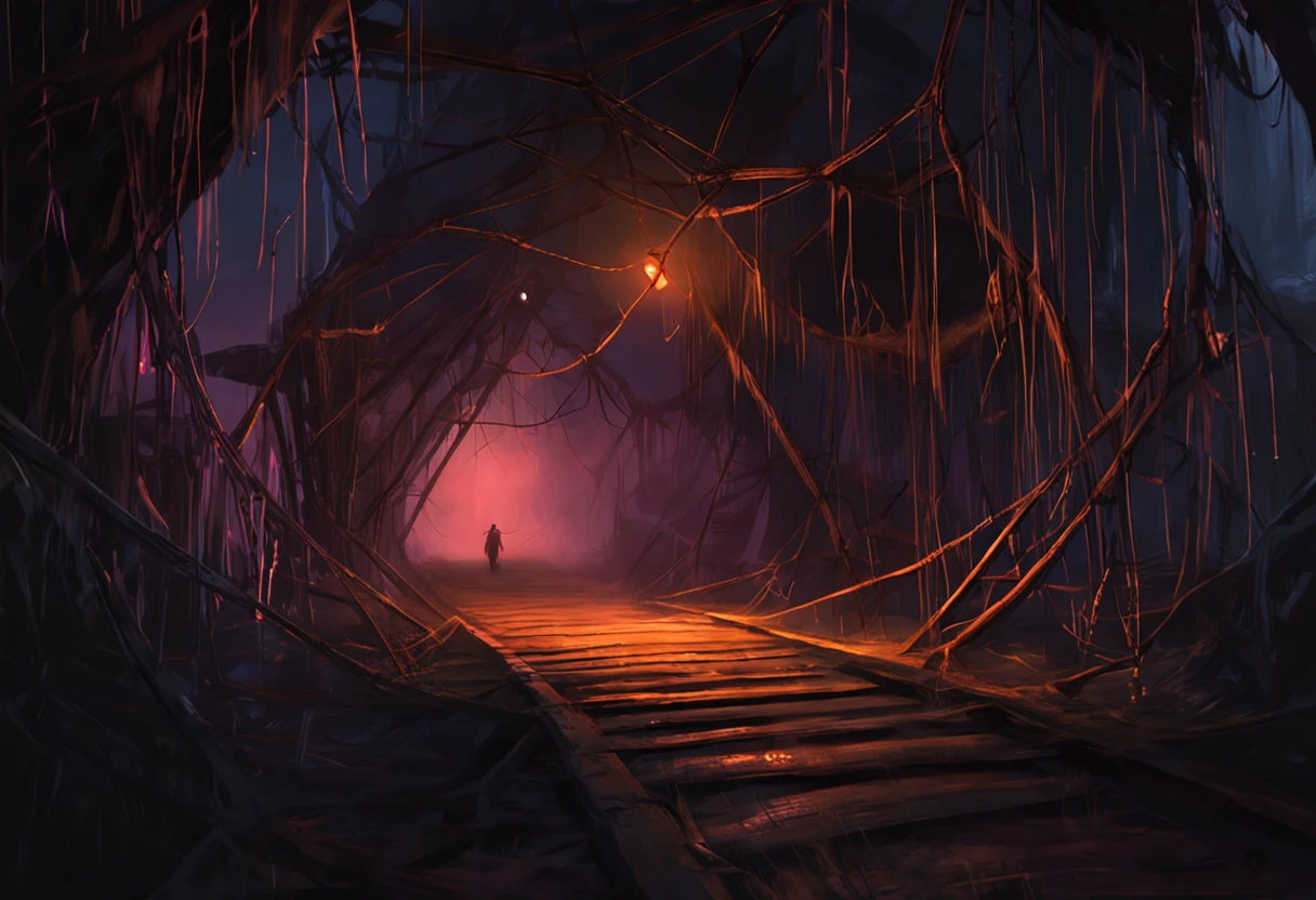 nighttime, torchlight, giant webs, walkways made of web, darkness below the walkways, spiders, spider eggs, creepy, dark, webways, underdark, painted as a game concept art, environment concept art, environment and concept art, painterly concept art,