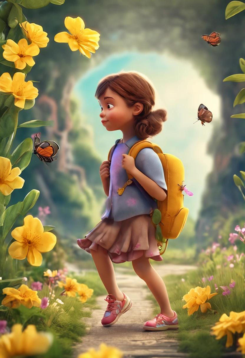 A charming  girl with a backpack is enjoying a cute spring outing surrounded by beautiful yellow flowers and nature with her cute monkey. The illustration is a high-definition illustration in 4k resolution with highly detailed facial features and cartoon-style visuals, (Butterfly Dance)