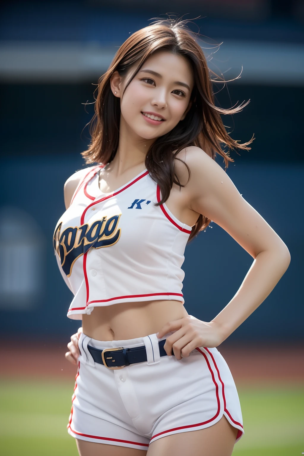(Best quality, 8K, 32K, masutepiece, NFFSW:1.2), (1 slender woman of Japan, 28 years old, High intaglio printing model), Dark brown hair, Bright foreground, Professional lighting, フォトンマッピング, Radio City, Shading:1.3, (High-detail skin:1.2), (Huge breasts:1.3), (Shorts, cropped shoulders:1.1), randome pose, ((Provocative dynamic pose)), (she is soaking wet), Top-down view:1.5, (Baseball Uniforms:1.1), com rosto detalhado, Detailed lips, Detailed eyes, Double eyelids, Inside the stadium, Look for a camera, (sensual gaze to the photographer, Lips slightly open), Break clear skies, baseball stadium, The audience got excited, Confetti flies, Happy smile,