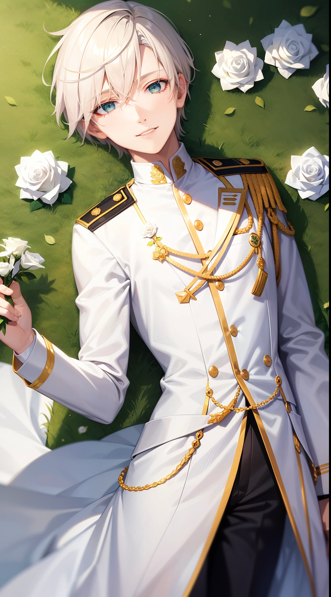 Young guy, short blonde hair with white strands, Green eyes, white officer's uniform, ssmile, White rose in hand, Crystal Rose, Masterpiece, hiquality