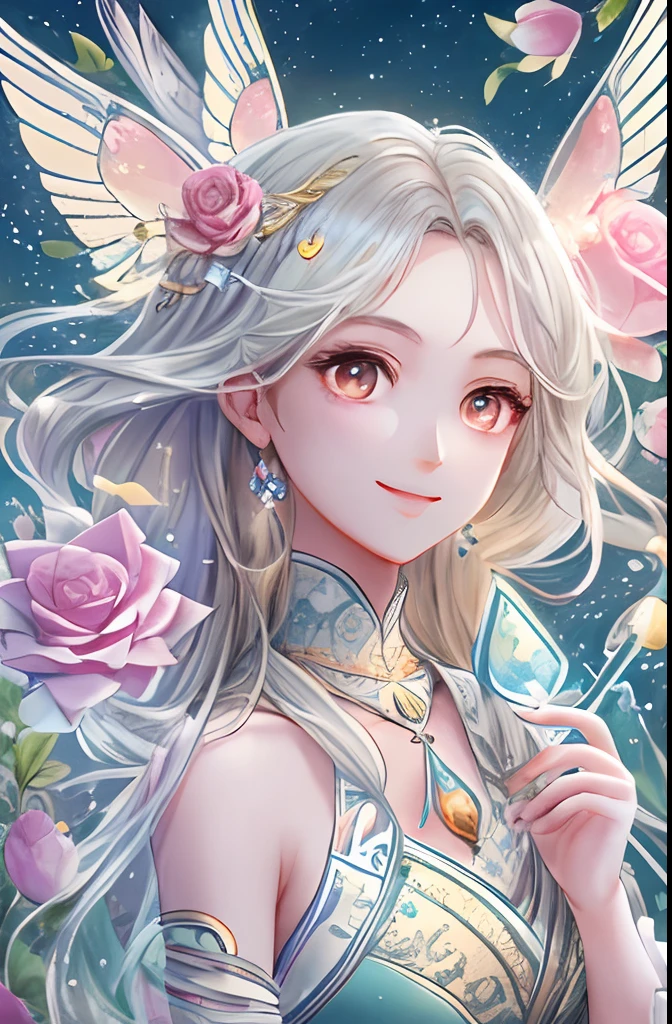 ,1 moon,Oriental elements,Beautiful transparent flower fairy, Transparent colorful wings, The wand flutters in the wind、Beautiful blue sky and white clouds、transparent feathers、kindly smile、Summer background、Gentle and transparent,anatomy correct, Delicate pattern,Oriental elements,Pink rose space, Soft lighting, ( Bokeh),Masterpiece, Super detailed, Epic composition, Highest quality, 8K,