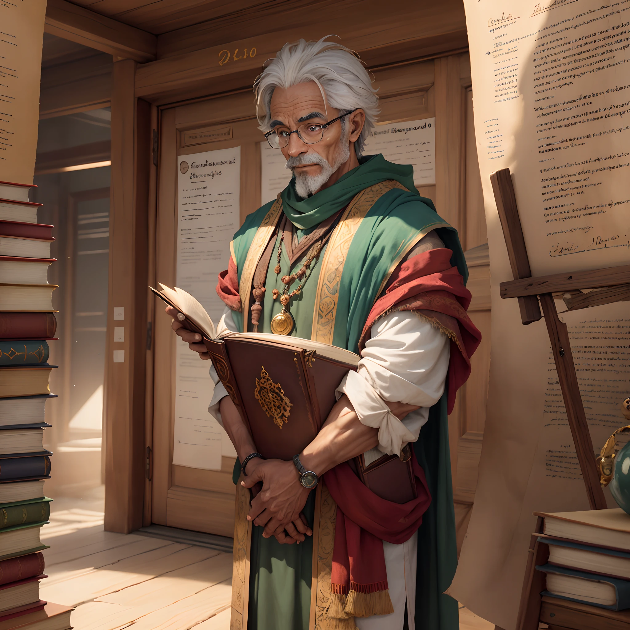 Appearance of a learned sage, with glasses and a pile of scrolls in his hands. Ele exala um ar de conhecimento profundo, e seus olhos brilham com entendimento. Whenever faced with academic challenges, Is able to provide clarity and insights.