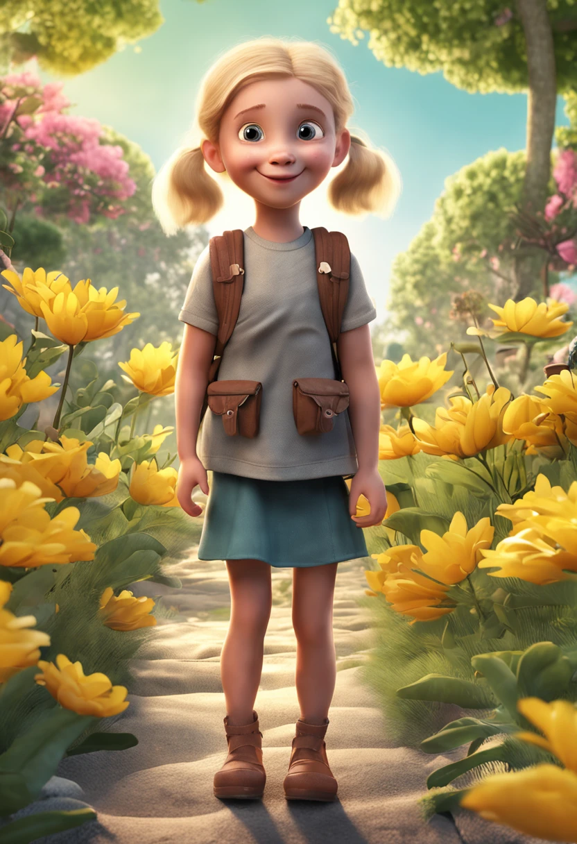 A charming  blonde girl with a backpack is enjoying a cute spring outing surrounded by beautiful yellow flowers and nature with her cute monkey. The illustration is a high-definition illustration in 4k resolution with highly detailed facial features and cartoon-style visuals, (Butterfly Dance)