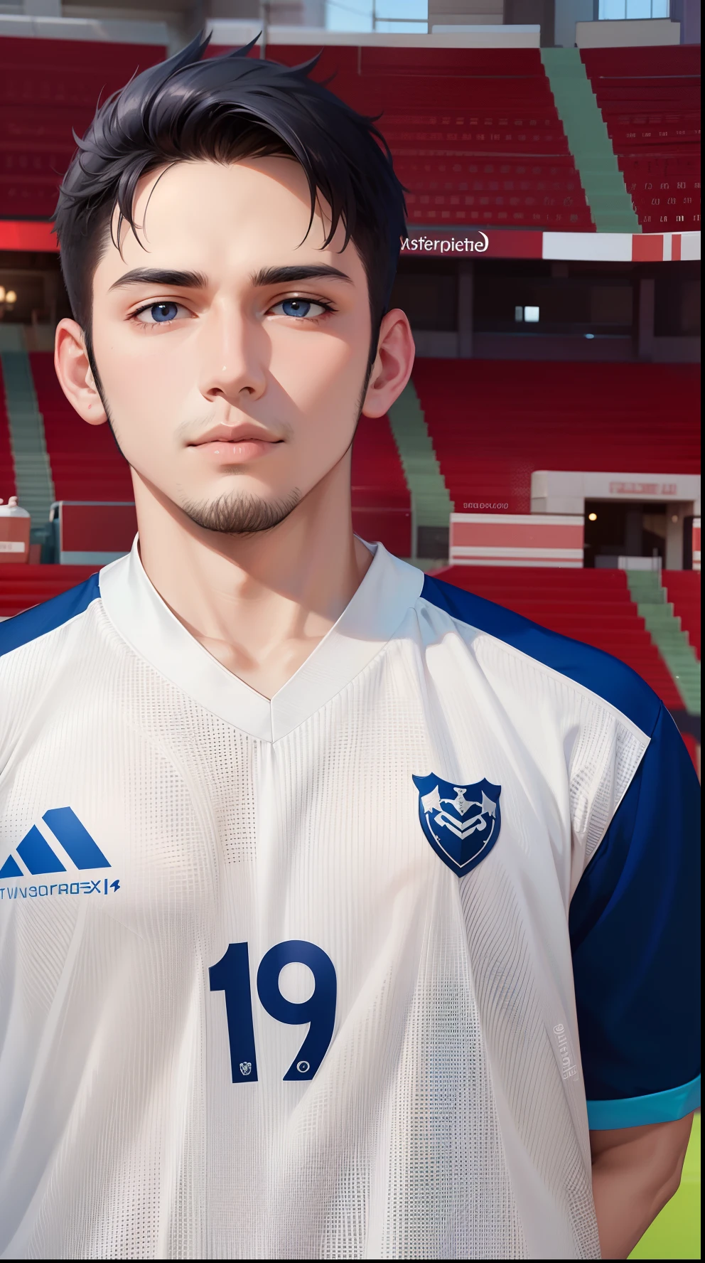 Attractive profile picture, 1 guys, masterpiece, ultra-precise rendering, beautiful and cool young man, trustworthy, dependable young man, savior of the world, simple design, most beautiful image, 4K,  v neck, blue black hair, facial hair, white jersey.