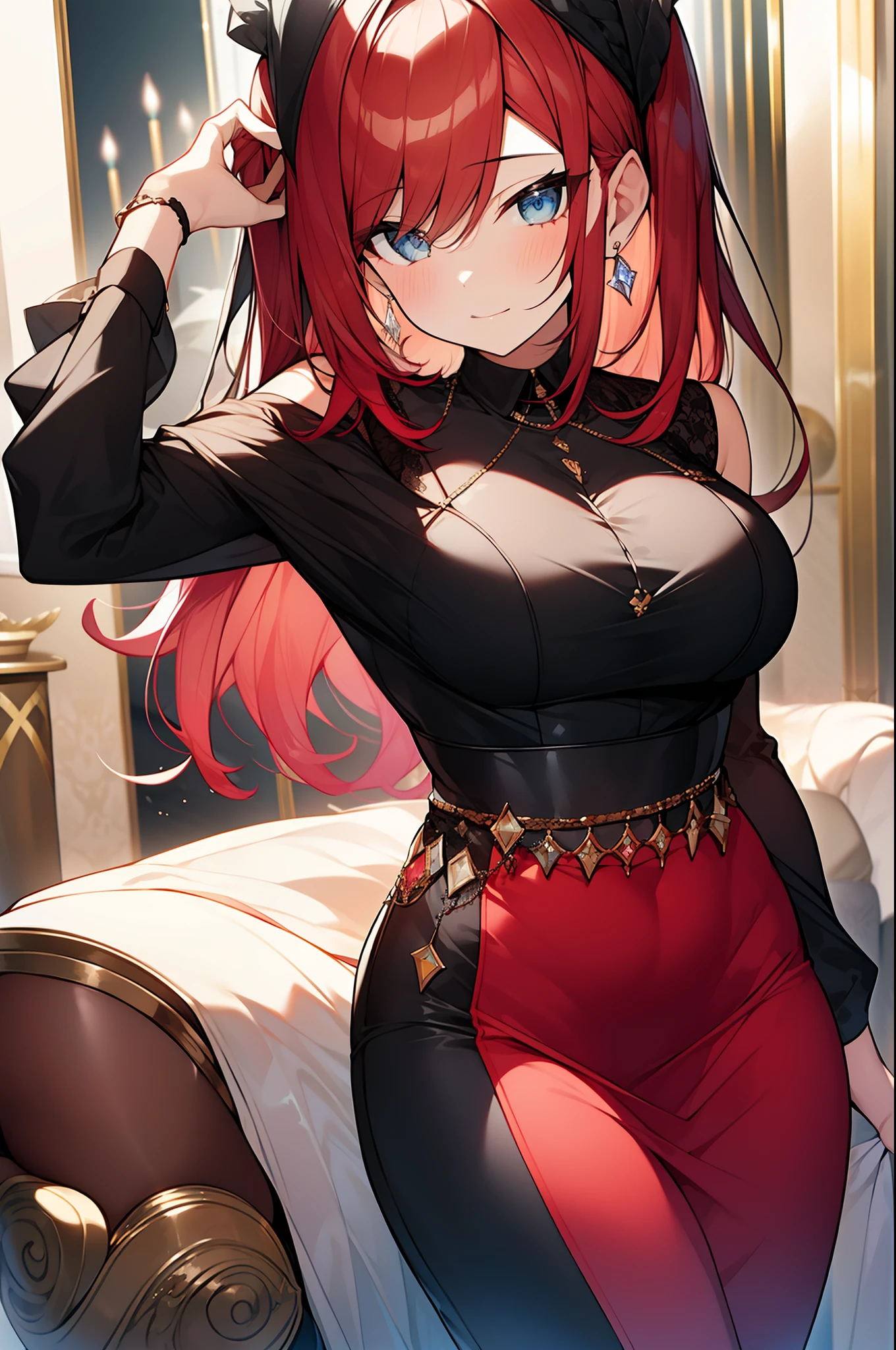 Marine Senchou, sexy pirate girl, standing, deteiled face, deteiled eyes,one yellow eyes and one red eye, different color eyes, red hair, sweating, blushing, smirking, nsfw, tight clothe, big boobs, big thighs, big ass, intimate action, in a town, masterpiece, best quality, extremely detail, view from below