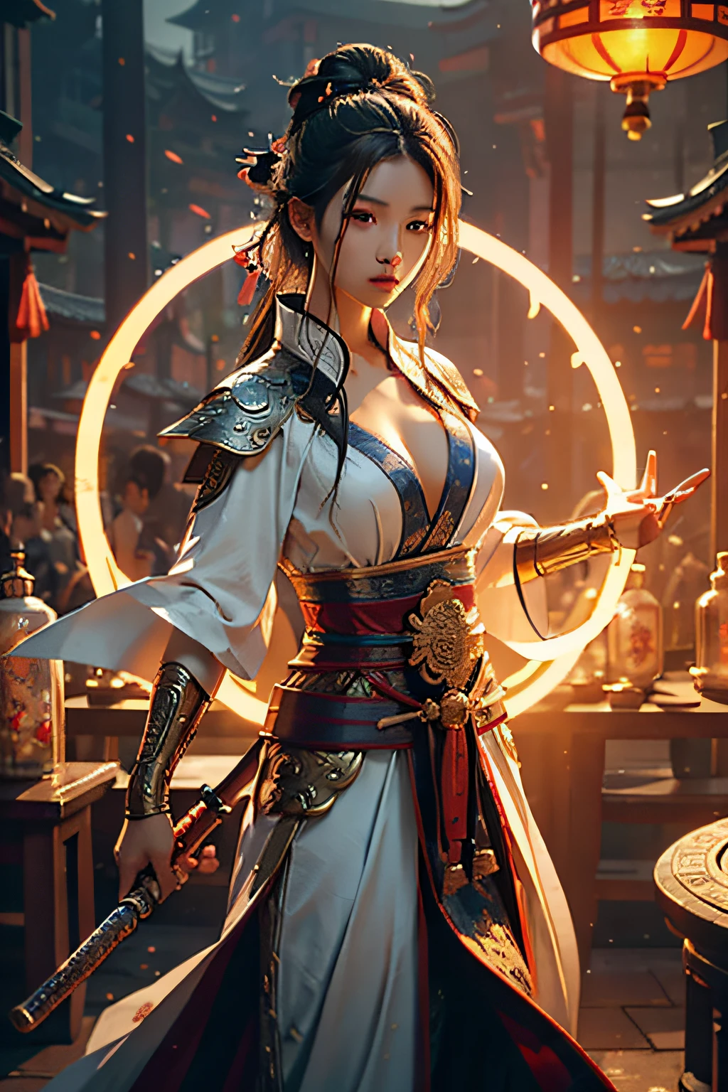 Best quality,masterpiece,ultra high res,(photorealistic:1.4),xiuxian,weapon,Detailed face,
1girl,solo,weapon,cleavage,(magic circle:1.2),xiuxian,upper body,Beautiful girl,full body,east asian architecture,sheath,architecture,