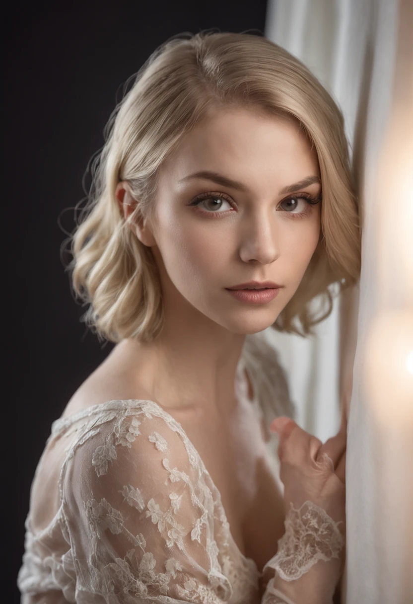 Boudoir style photoshoot with blonde girl and one lamp in dark room