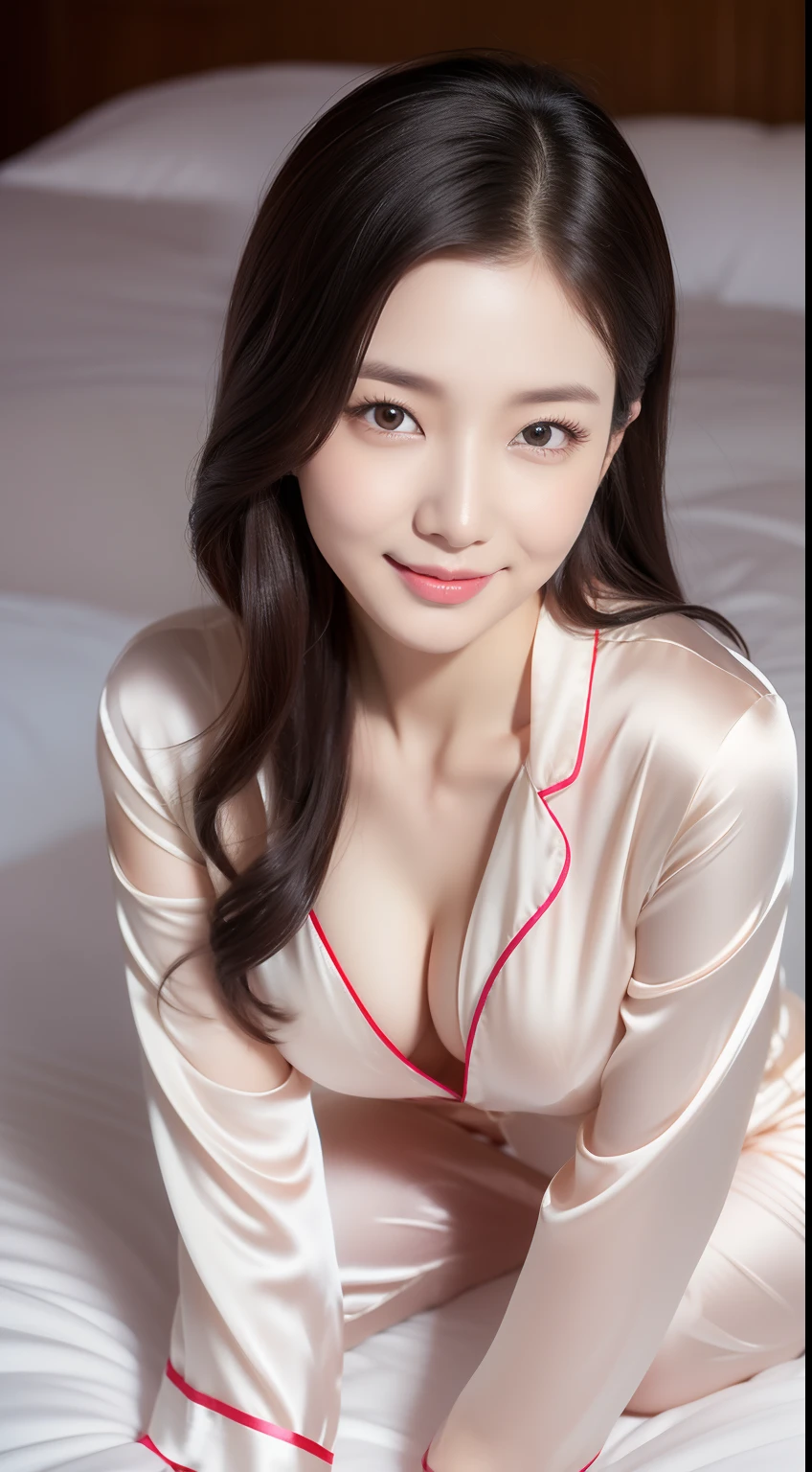 realistic photos of 1 cute Korean star, absurdly long hair, hair ribbon, white skin, thin makeup, 32 inch breasts size, slightly smile, wearing silk pyjamas, kneeling on the bed, close-up portrait, UHD
