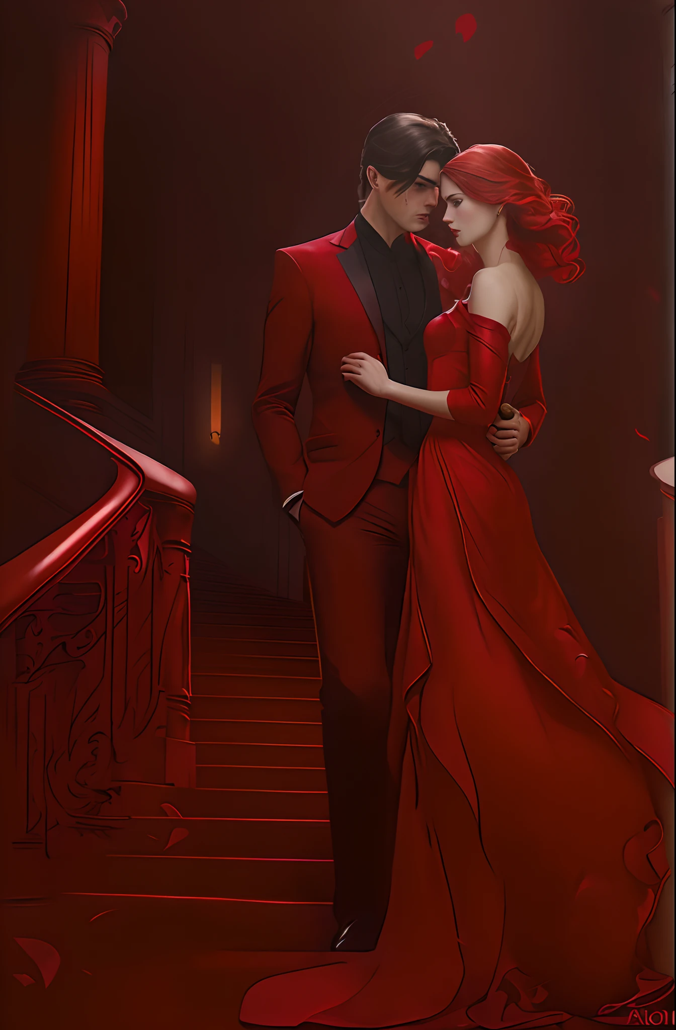 They stand on the stairs in a red dress, red clothes, romance novel cover, Red & Cinematic lighting, in red clothes, in red official attire, wlop and andrei riabovitchev, Rich red colors, romance book cover, Romantic couple, inspired by Magali Villeneuve, elegant digital painting, by John La Gatta, Everything is red