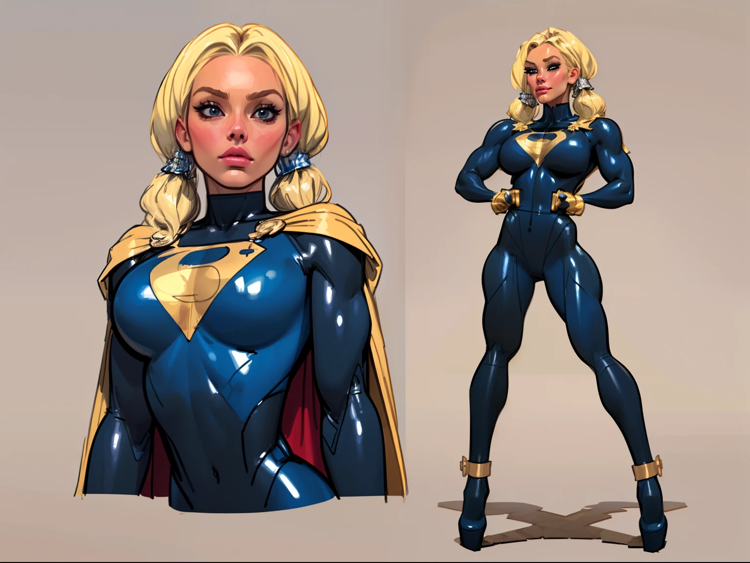 ((masterpiece)),(((best quality))),((character design sheet)), ((full body view)) illustration,1girl, muscular, ((black bodysuit:1.5)), superhero, (blonde twin tails:1.4), (gold cape:1.3) ((detailed face:1.4)) beautiful woman, (gold boots:1.1)shiny skin, (gold emblem on chest:1.2),scribbles and marks, (puffy lips:1.3), rough sketches, pose, 8k,16k, (simple background, white background: 1.3)