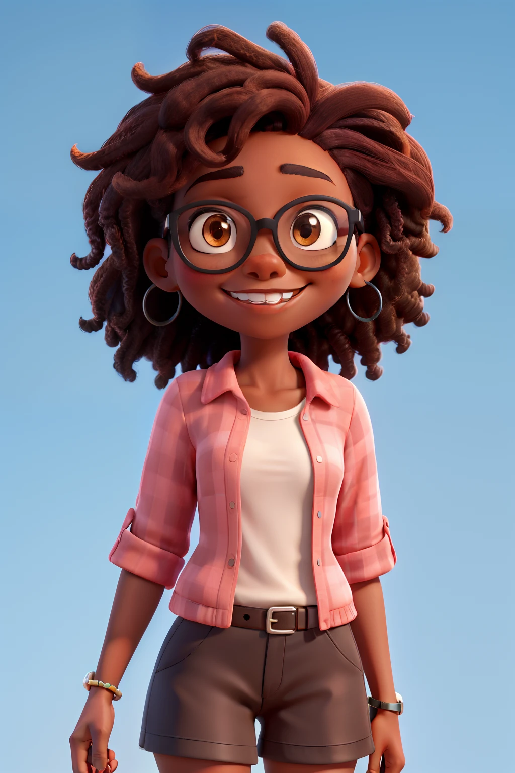 Brown woman light brown skin color medium hair black with glasses eyes black braces on teeth pink lace with blue in hair