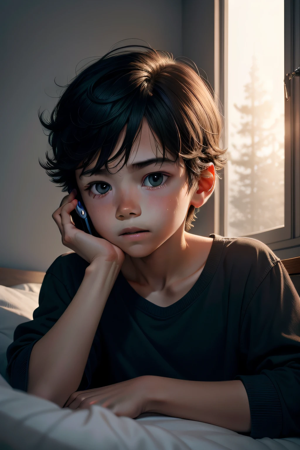 A boy lying in bed playing with his cell phone，The surroundings are dim，The light of the phone reflected on his face，However, at this time，A black shadow appeared on the wall