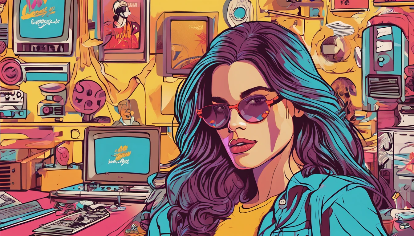 ready-to-print vector t-shirt art graffiti illustration, a poster of singer lana del rey, full body inspired by 90s aesthetic that includes anime, arcade, nostalgic and colorful colors