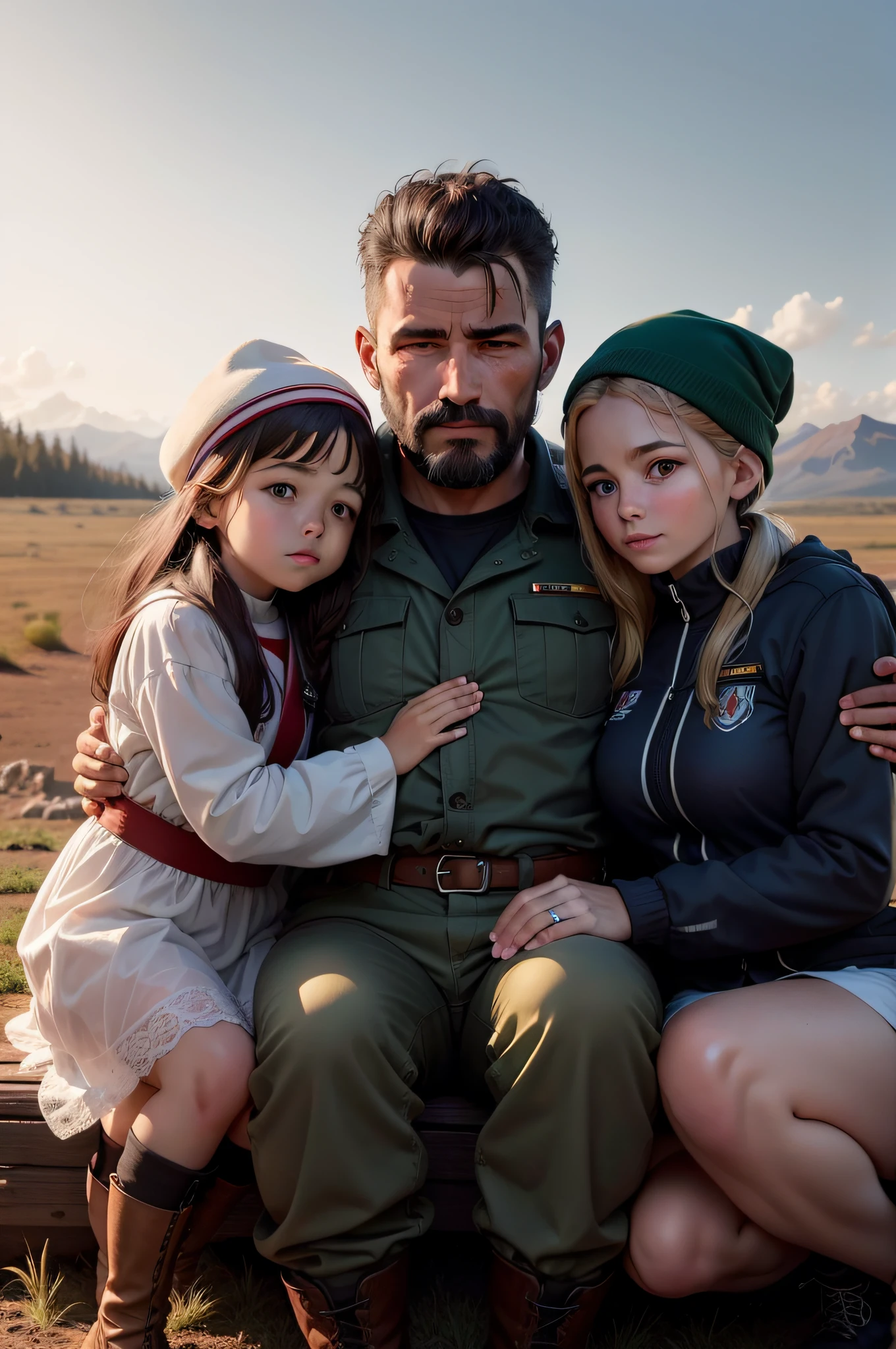 Desenhe uma imagem em alta qualidade ultra realista de um ex-militar ucraniano cortando lenha em sua fazenda isolada nas montanhas, alongside his two daughters – one a small one and the other a teenager – in a moment of togetherness and learning, transmitting the strength and love between them
Feel free to add additional elements that enrich the image, as pets, children's toys or objects that reflect Ukrainian culture and family personality.
