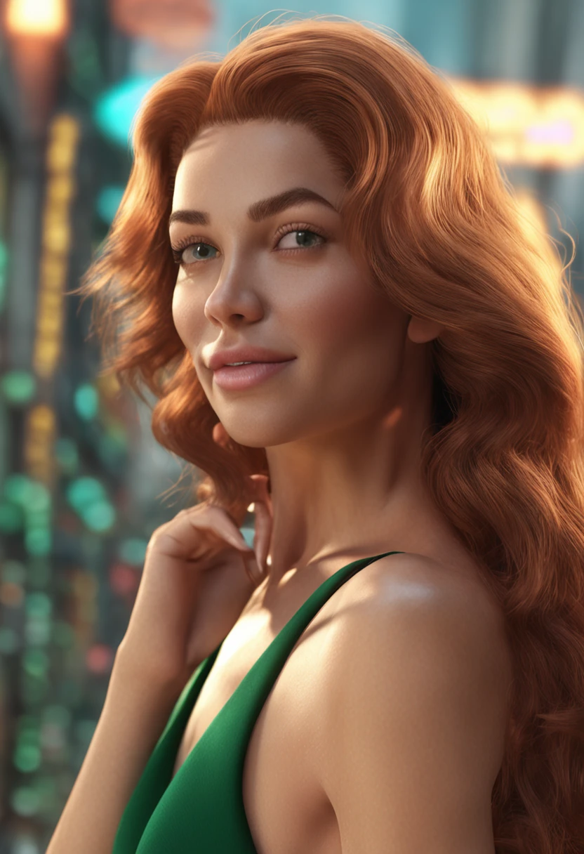 (Professional 3D rendering:1.3) de (Realistic:1.3) mulher de cabelos ruivos com peitos grandes sem biquini, olhos verdes, corpo inteiro 8k unidade render