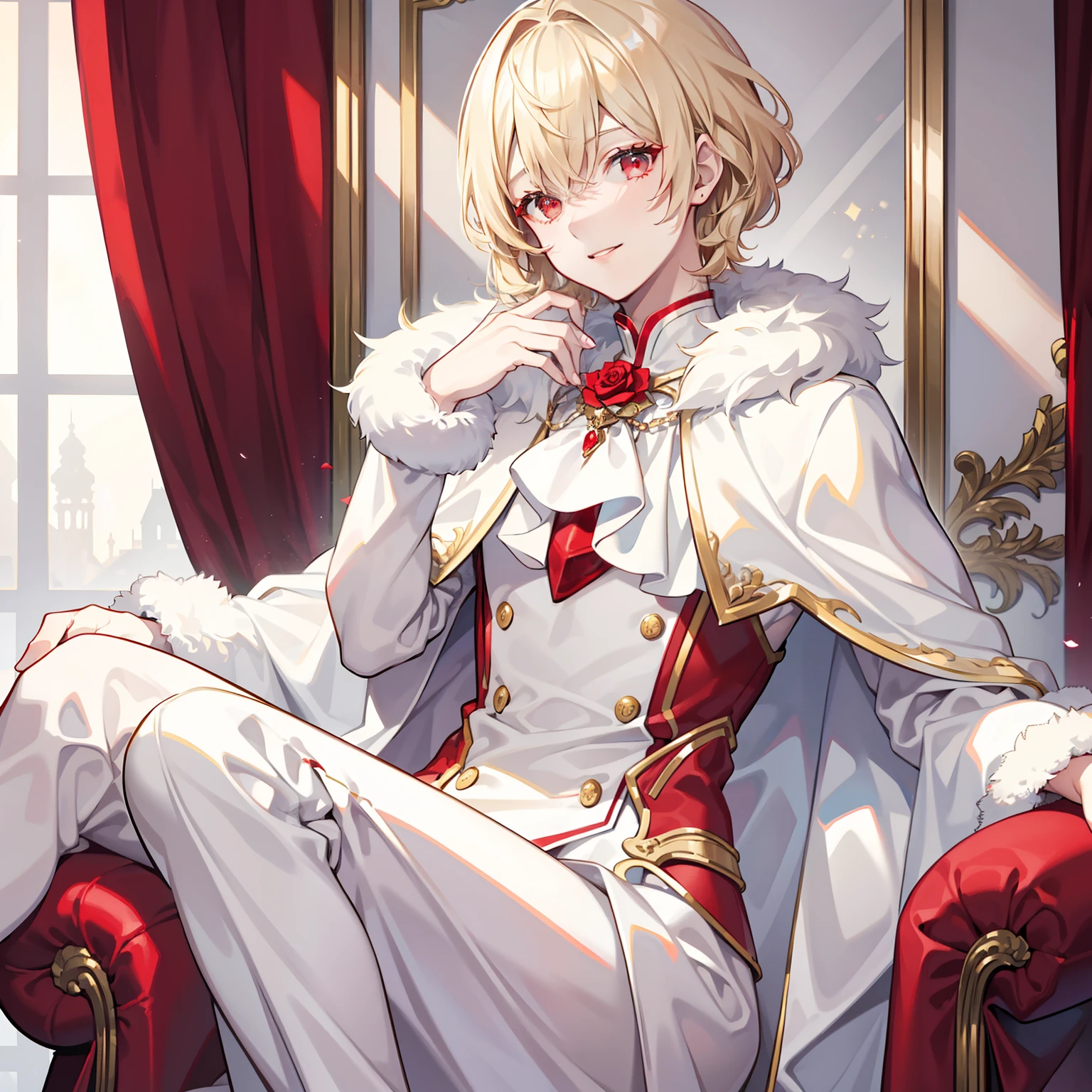 Young men,solo person,Short blonde hair slightly curled,Rose red eyes,Dressed in a luxurious dress in red and white,White fur draped over the shoulders,ssmile,Detailed eyes,8K