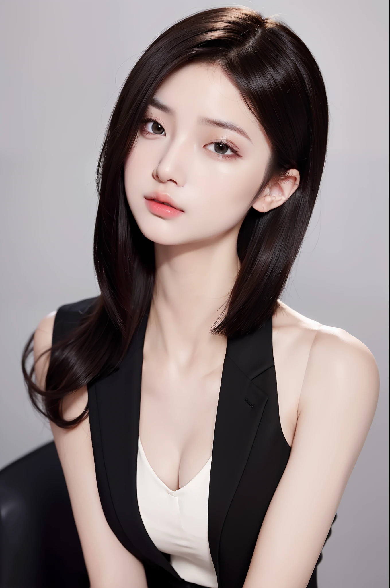 Best quality, high details, high resolution, HD, 16k,Close-up photo of shoulder-length short black hair girl in suit uniform, ultraclear, Flawless and delicate face, True delicate skin, big breasts beautiful, Delicate and clear eyes, Look at the screen, Simple, (simple Red background)