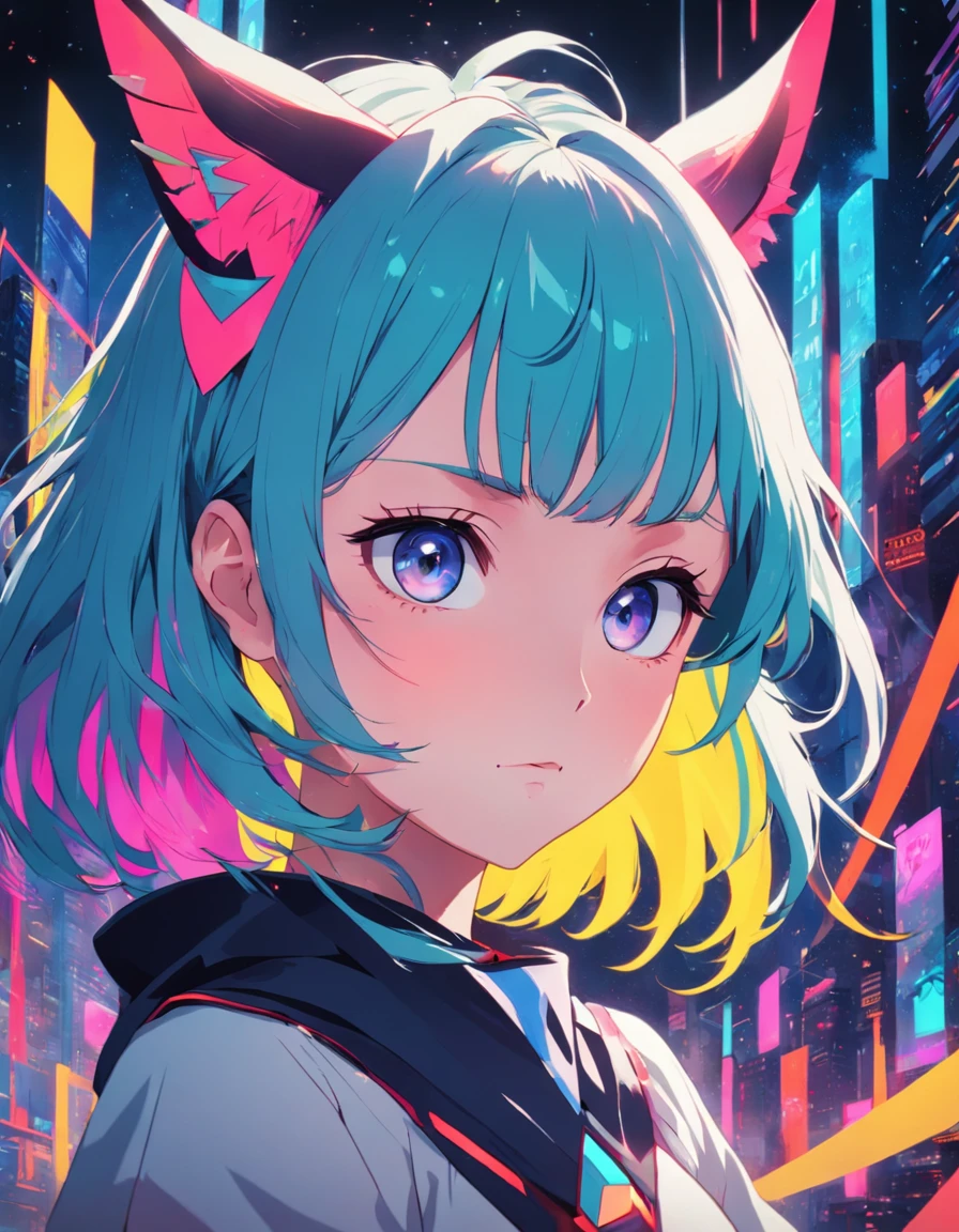 1girl, solo, demonic girl, geometric style, ghibli style, neon colors, close up, looking at viewer