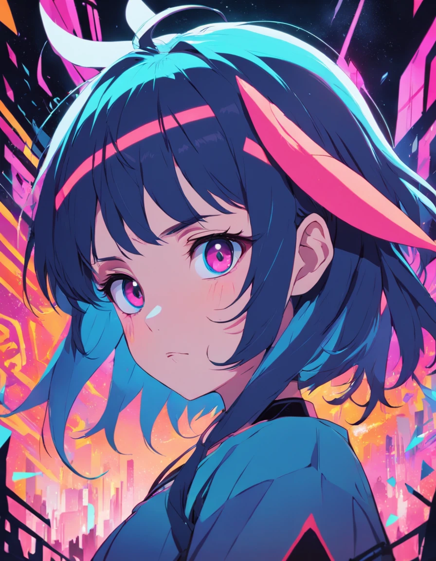 1girl, solo, demonic girl, geometric style, ghibli style, neon colors, close up, looking at viewer