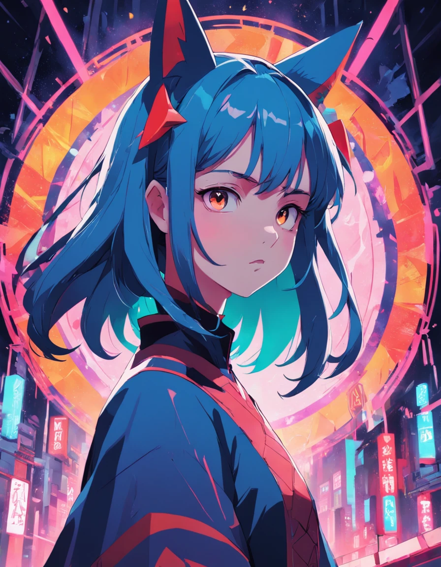 1girl, solo, demonic girl, geometric style, ghibli style, neon colors, close up, looking at viewer