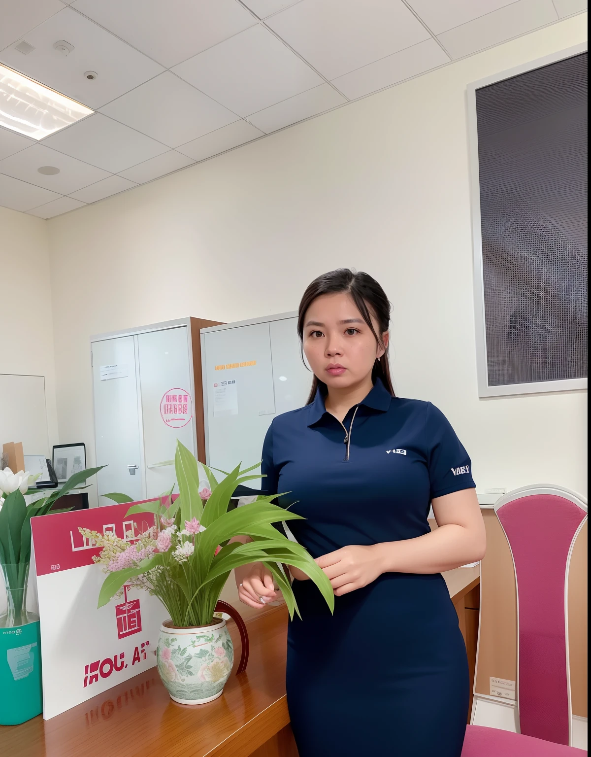 there is a woman standing in a room with a plant in a vase, hoang long ly, in office, mai anh tran, dang my linh, captured on canon eos r 6, shot on nikon z9, dao trong le, hoang lap, 🤬 🤮 💕 🎀, ngai victo, taken with canon 8 0 d