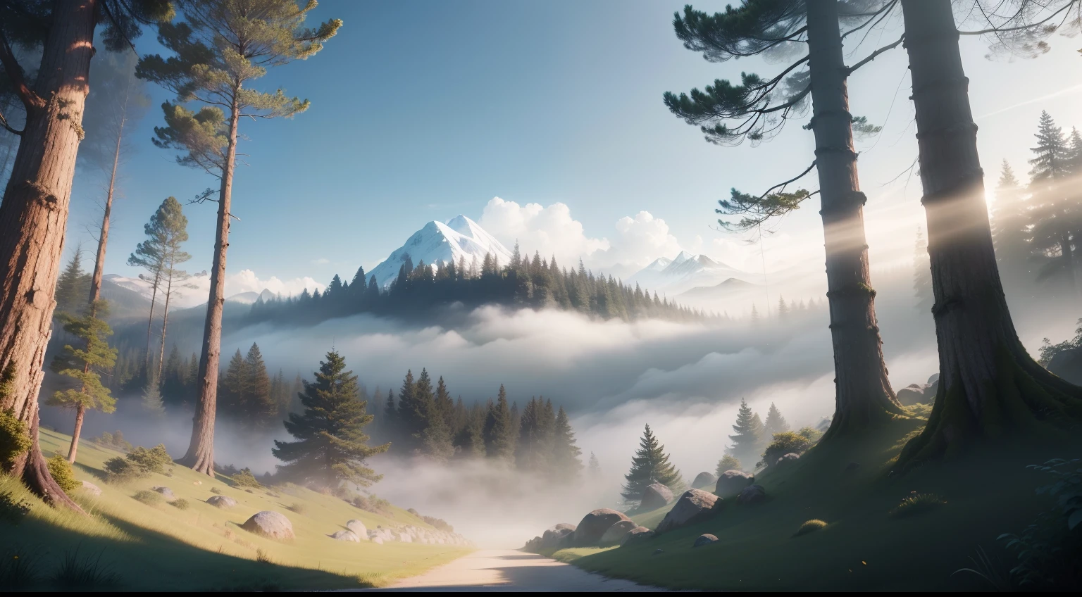 Perspective forest scenery with multiple backgrounds and blurred background, bluish mist, pan (obra-prima) (8k high resolution) (melhor qualidade) (Ultra Definition) (Ultra realista)(Foto RAW) (Foto realista) (bright illumination)
