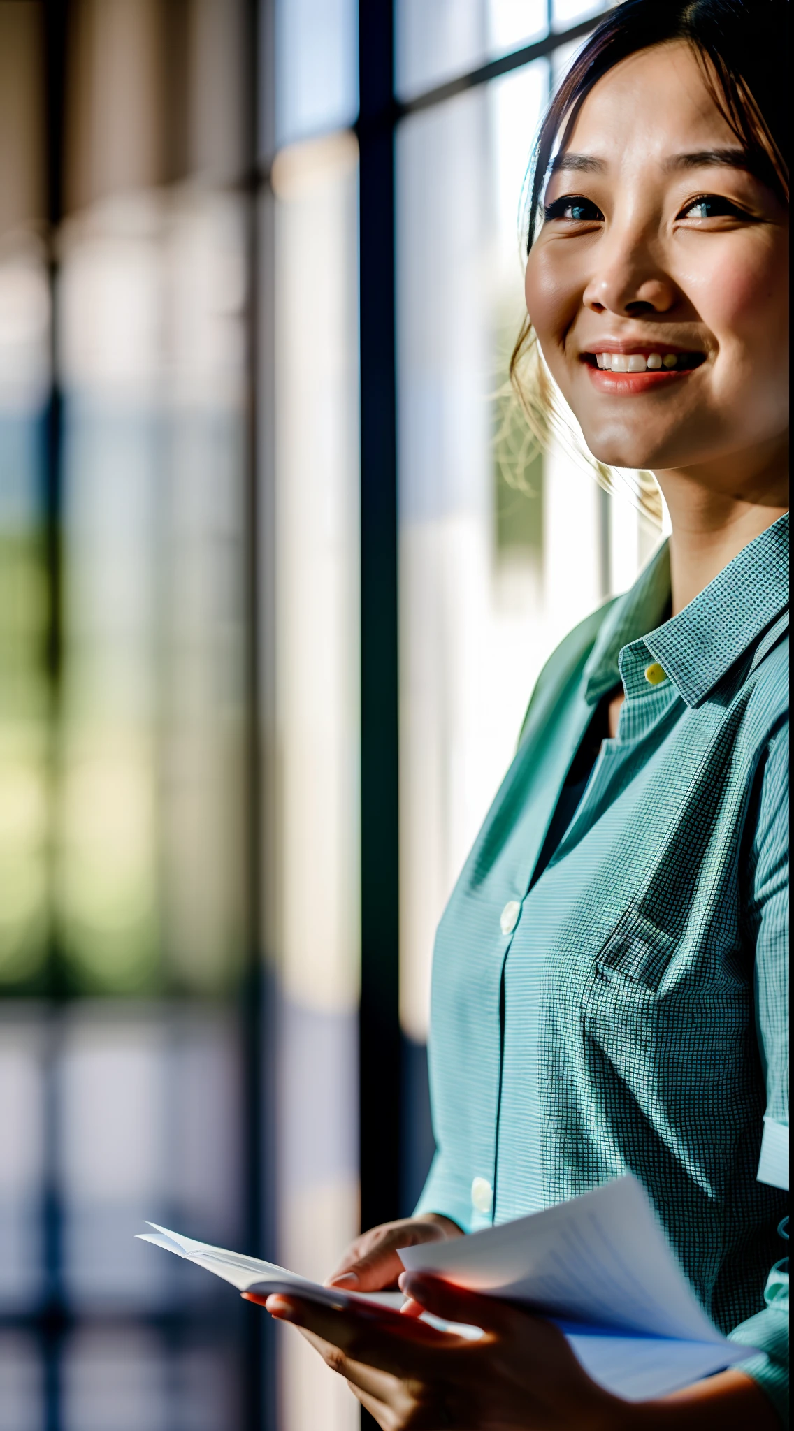 Offices within rural township governments in China,Close-up woman, Holding a white paper quiz sheet, Translucent light, rays of sunshine, 8K ,hdr,A hand next to the screen holds a microphone and asks questions to the woman
