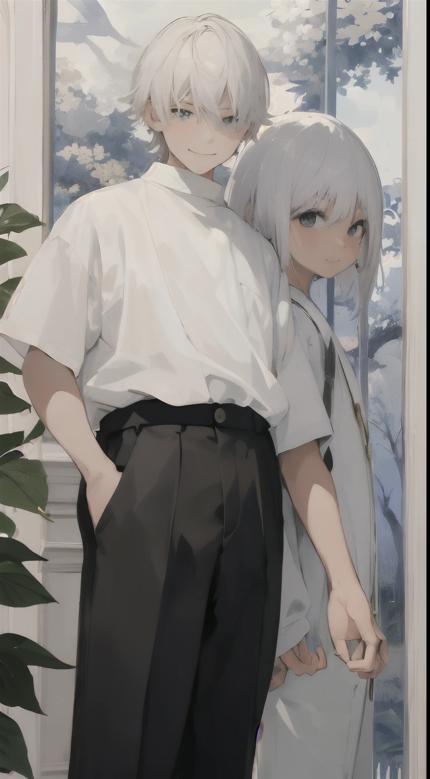 (masterpiece、top-quality、hightquality)、1 juvenile、-yeld boA smile))Look at viewers、white hair、Straight Hair Medium、fluffy hair、grey eyes、White shirt、Black pants、dynamic ungle、Lateral face、profile、Angled angles