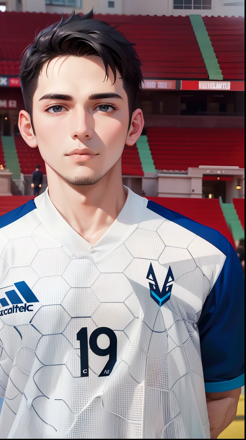 Attractive profile picture, 1 guys, masterpiece, ultra-precise rendering, beautiful and cool young man, trustworthy, dependable young man, savior of the world, simple design, most beautiful image, 4K, v neck, black hair, facial hair, perfect detail.