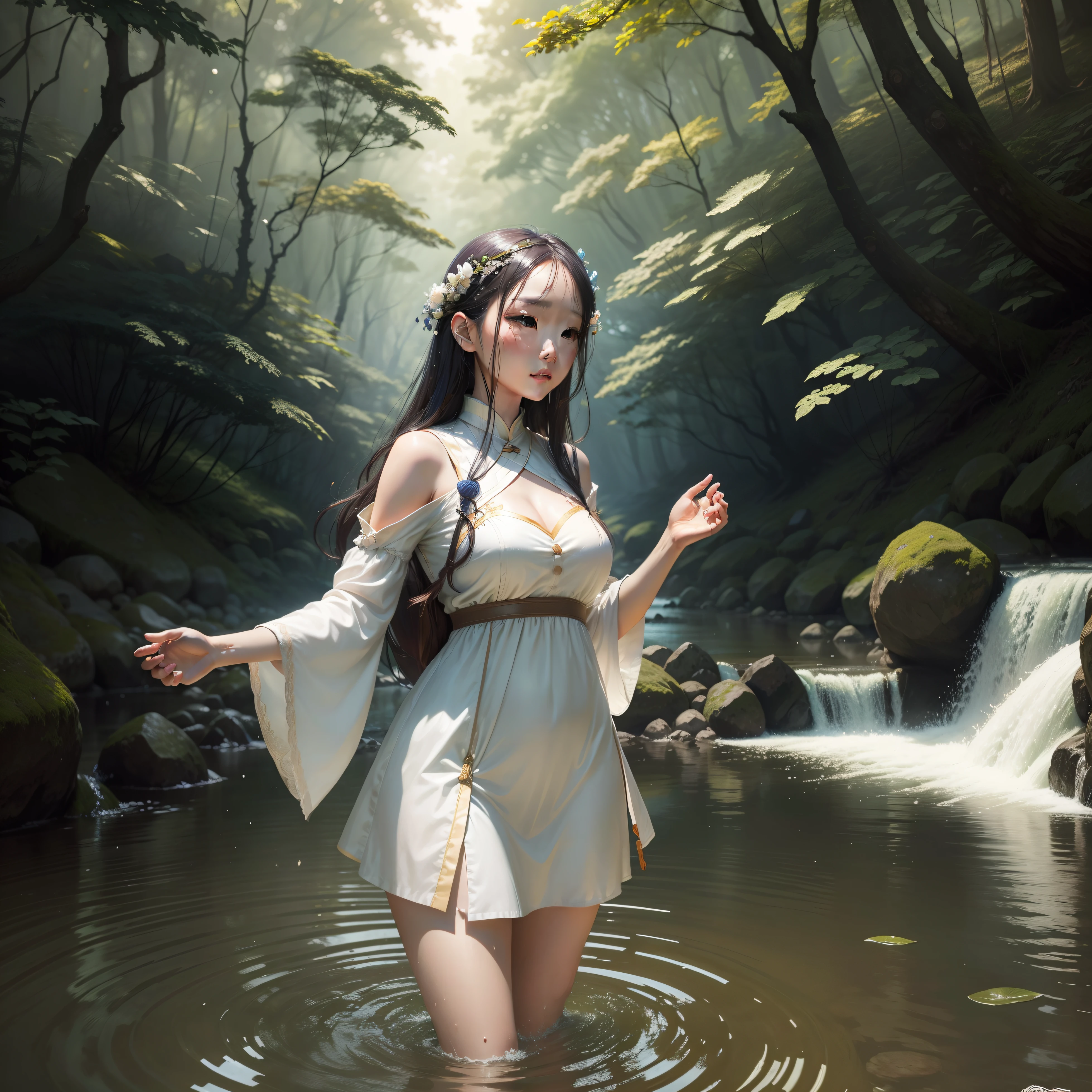 A light maiden in the forest stands in the river，Splashes spread around her。