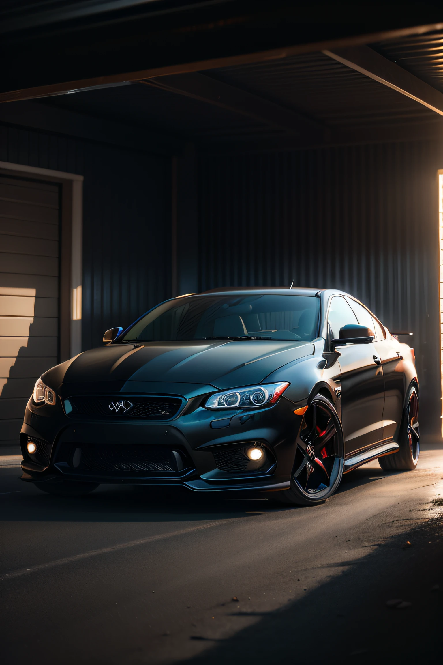 Cinematic car in a darker environment like a shed, Maximum quality for decoration frame