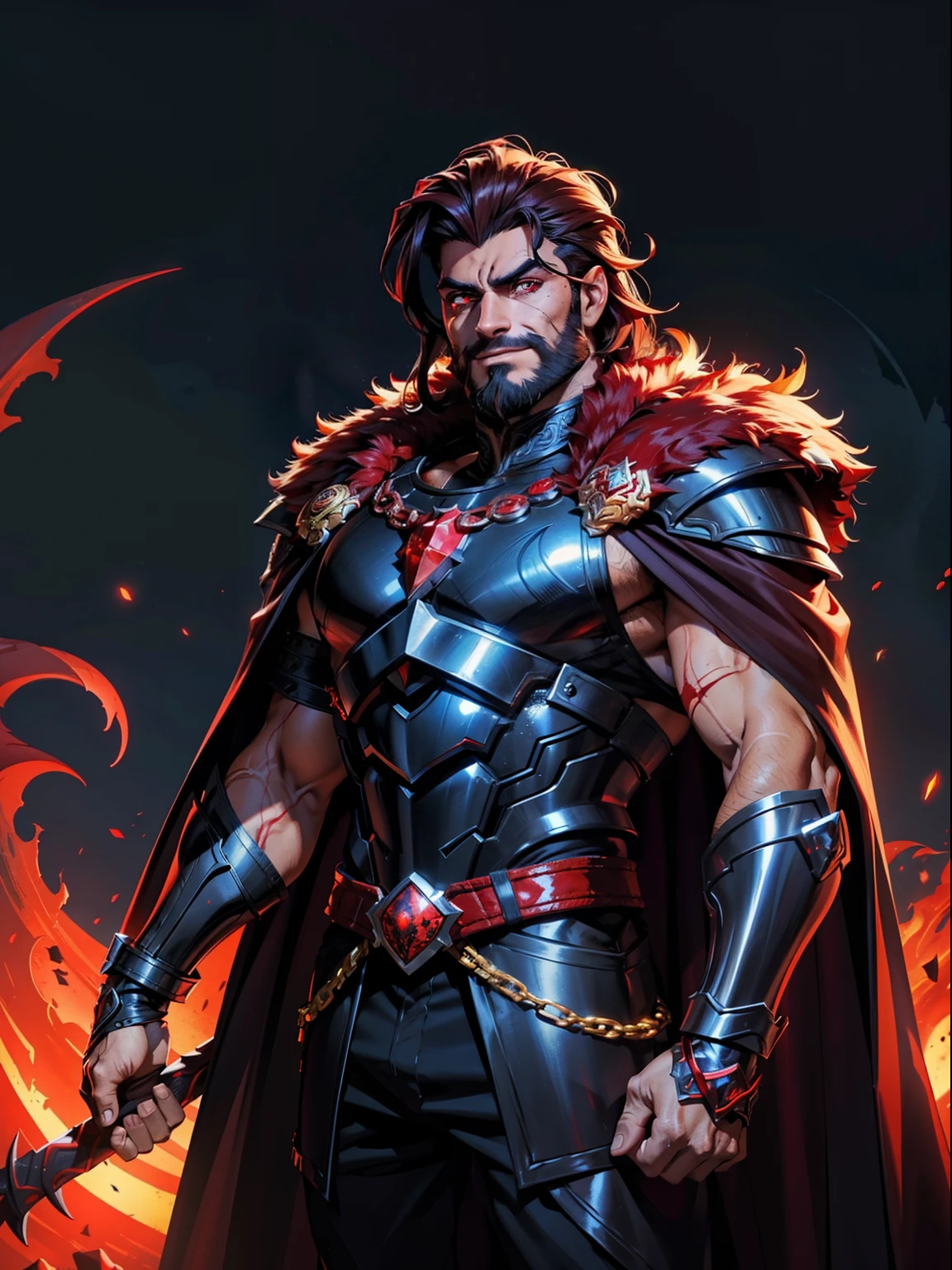 Dark night blood moon background, Hades style, game portrait. Sadurang from Marvel, hunk, buffed physics, short mane hair, mullet, defined face, detailed eyes, short beard, glowing red eyes, dark hair, wily smile, badass, dangerous. Wearing full armor with red dragon scales, cape of furs. Breath fire.