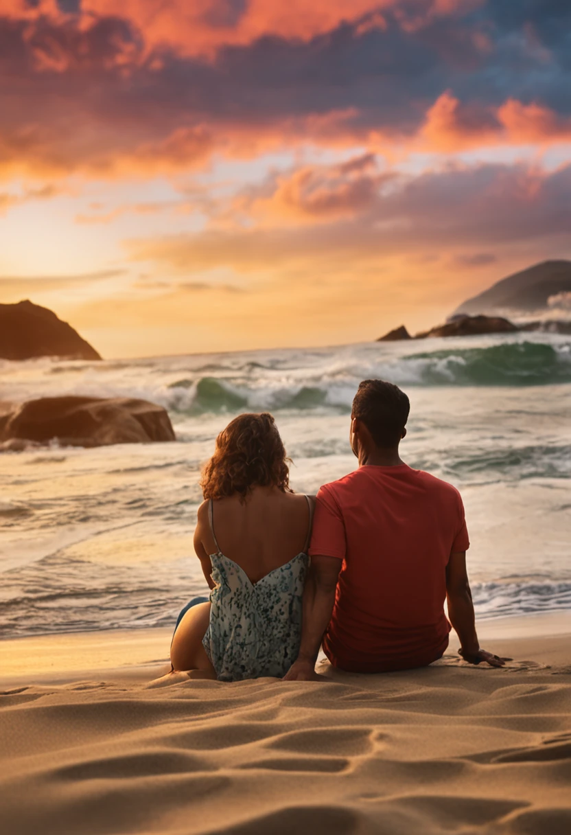 Casal apaixonado na praia com uma vista linda do por do sol