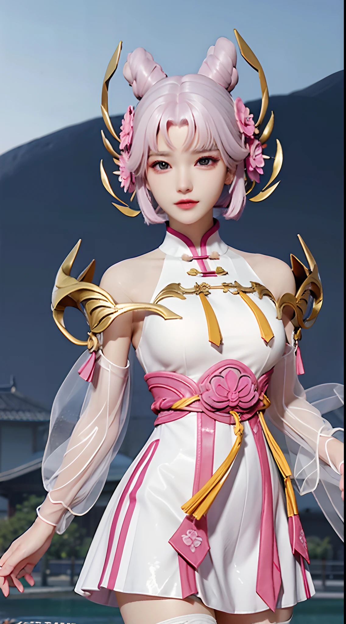 Pink and white hair a short bob Beautiful breasts qipao dress ,Masterpiece,best qualtiy,